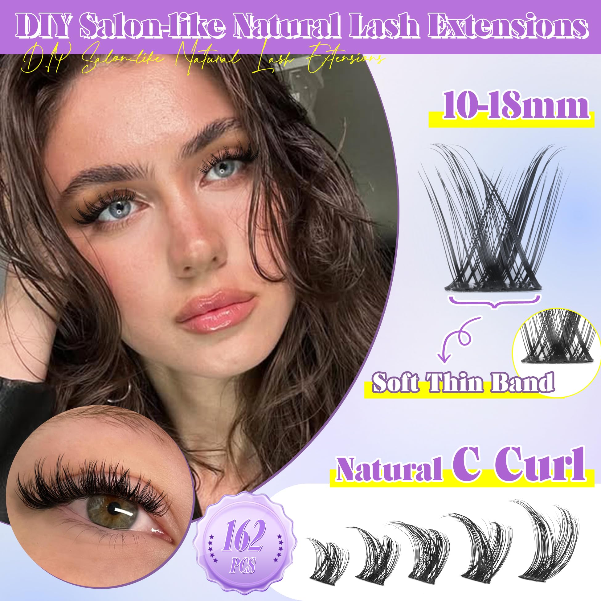 Alice Wispy Lash Clusters Kit Natural Fluffy Lash Extension Kit Cluster Eyelash Extension Kit 162Pcs C Curl 10-18Mm Eyelash Clus