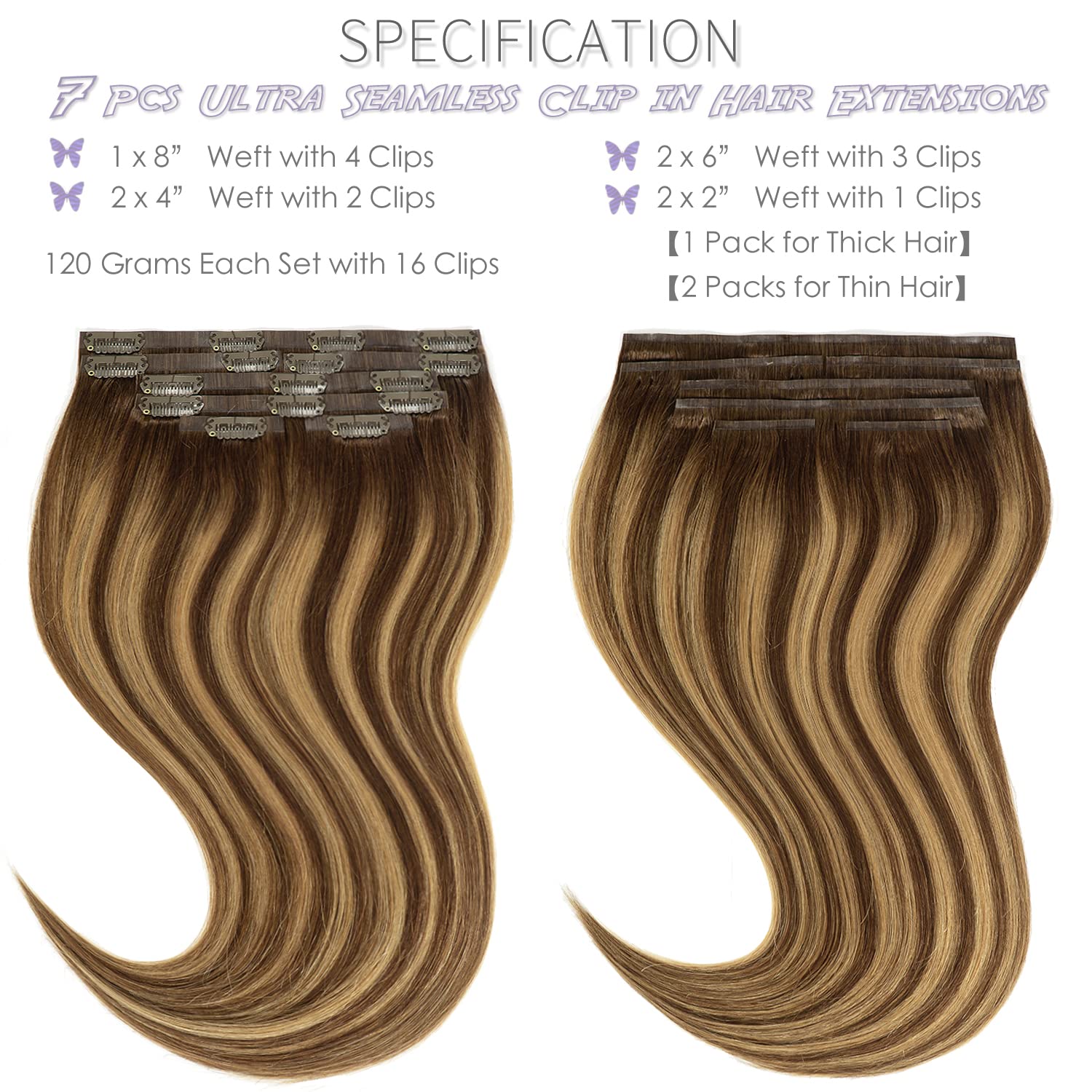 LacerHair PU Clip in Hair Extensions Remy Human Hair Chocolate Brown to Caramel Blonde with Brown Roots 22 Inch Thick Remy Glam
