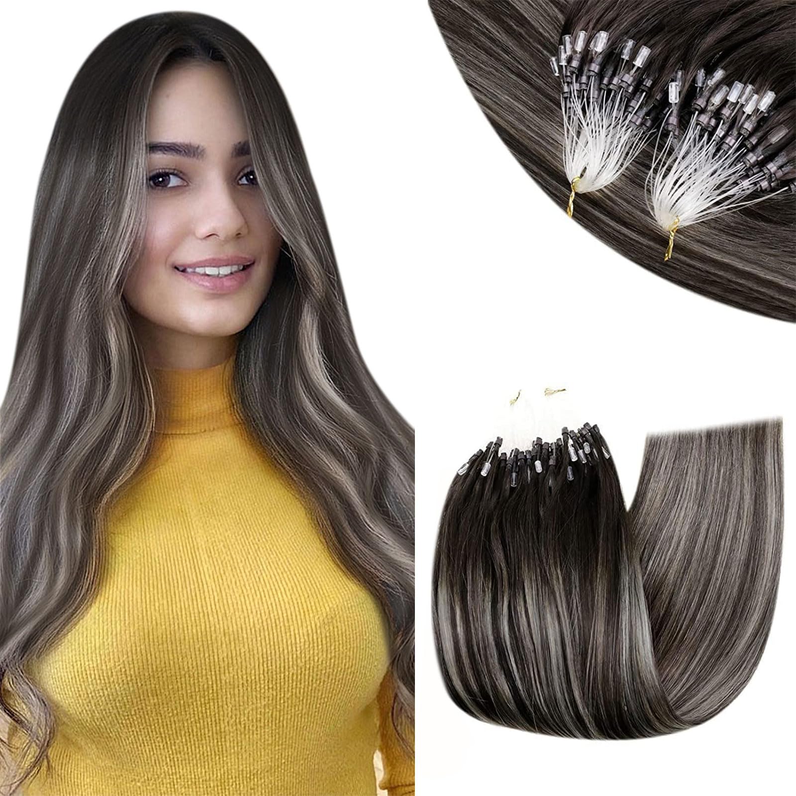 RUNATURE Micro Bead Hair Extensions Real Human Hair Ombre Black to Silver Micro Link Hair Extensions Human Hair Ombre Black Micr