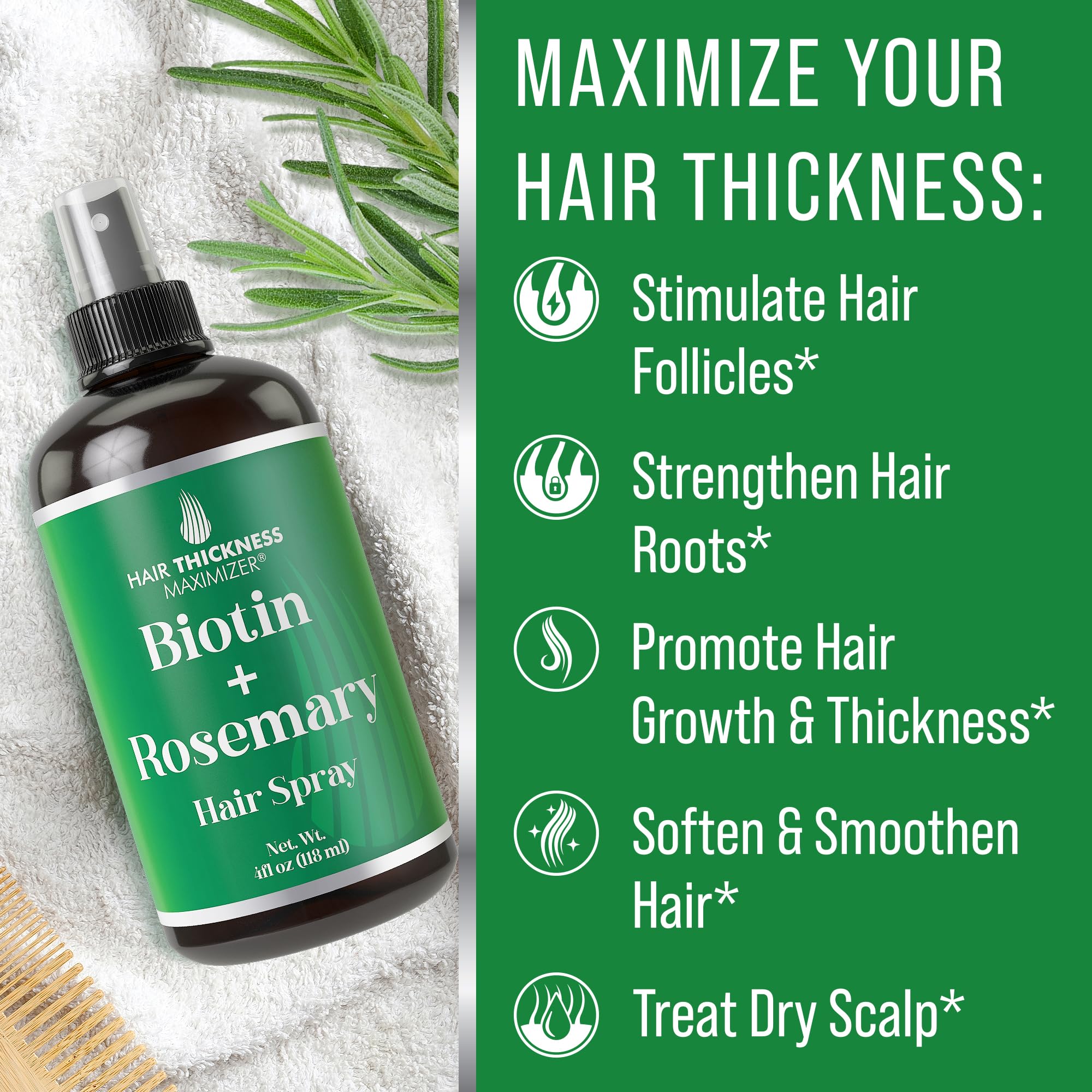 Hair Thickness Maximizer Biotin + Rosemary Oil Spray - 4 Fl Oz Leave-In Conditioner for Hair Growth, Vegan, Moisturizing Treatment