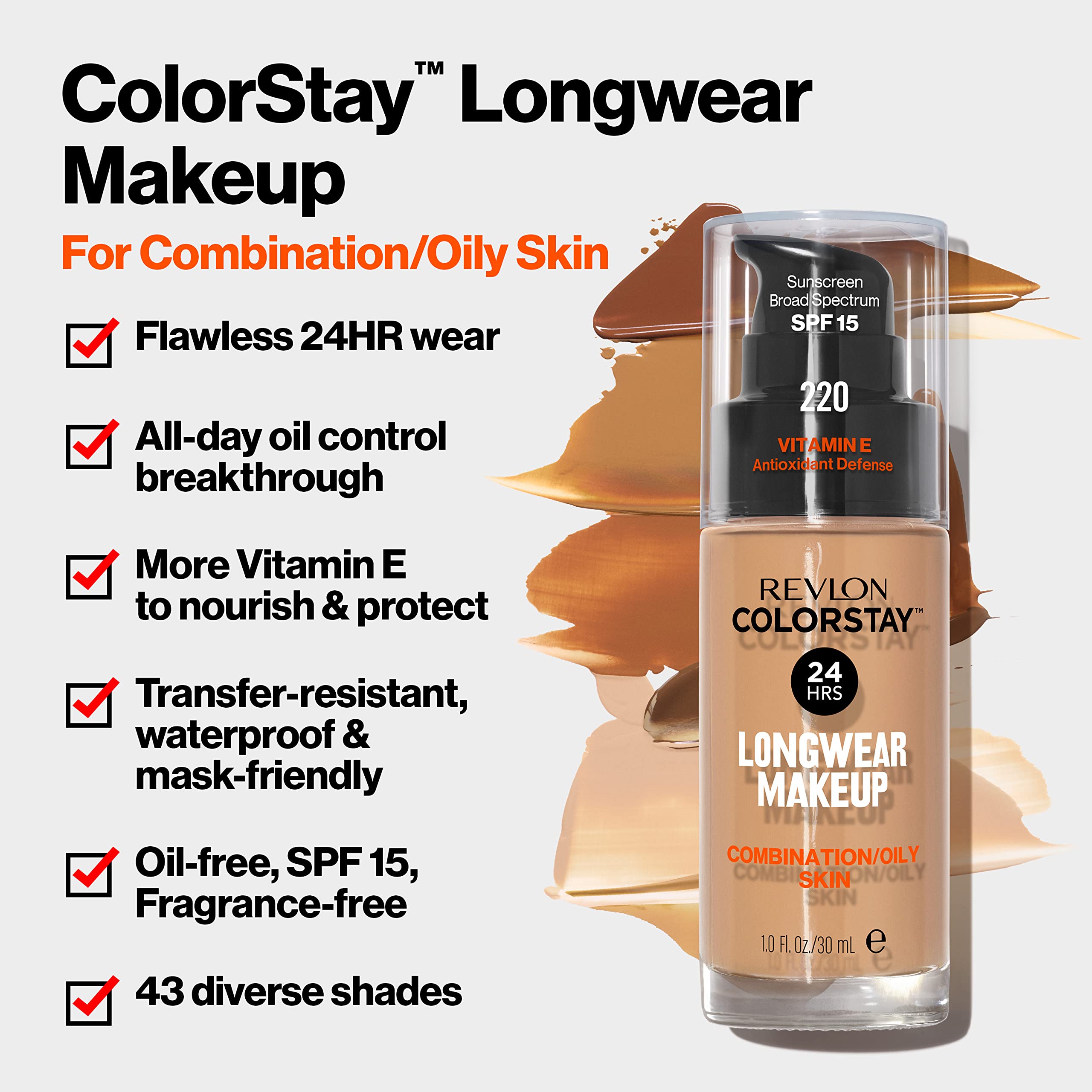 Revlon Liquid Foundation, Colorstay Face Makeup For Combination & Oily Skin, Spf 15, Longwear Medium-Full Coverage With Matte Fi