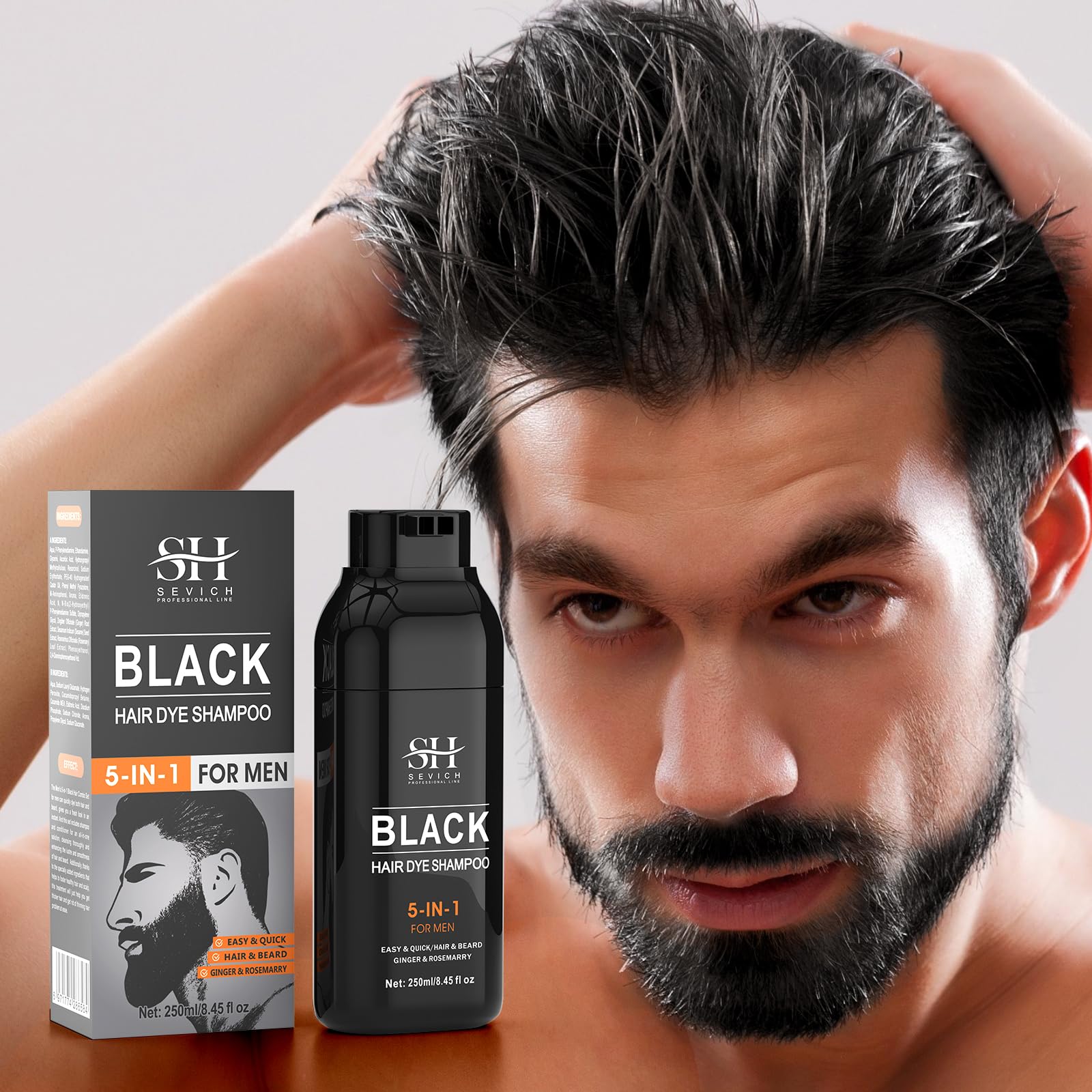 SEVICH Black Hair & Beard Dye Shampoo,Semi Permanent Hair Color,Shampoo for Gray Hair and Beard Coverage for Men, 5 in 1 Dye Sha