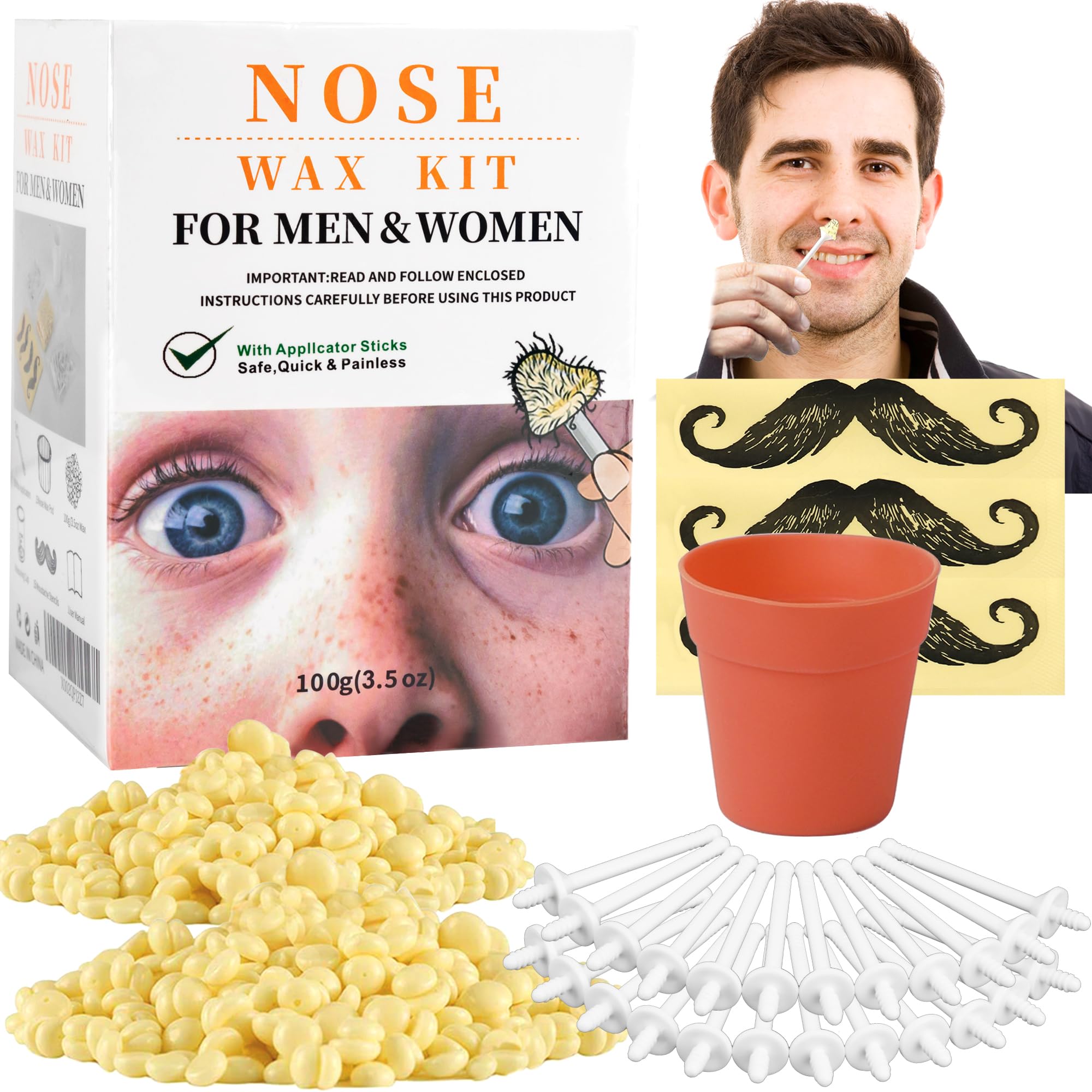 Nose Wax Hair Removal Kit by CoFashion | 100g Wax, 30 Applicators (15-30 Uses) | Painless, Quick & Easy for Men | 15 Mustache Gu