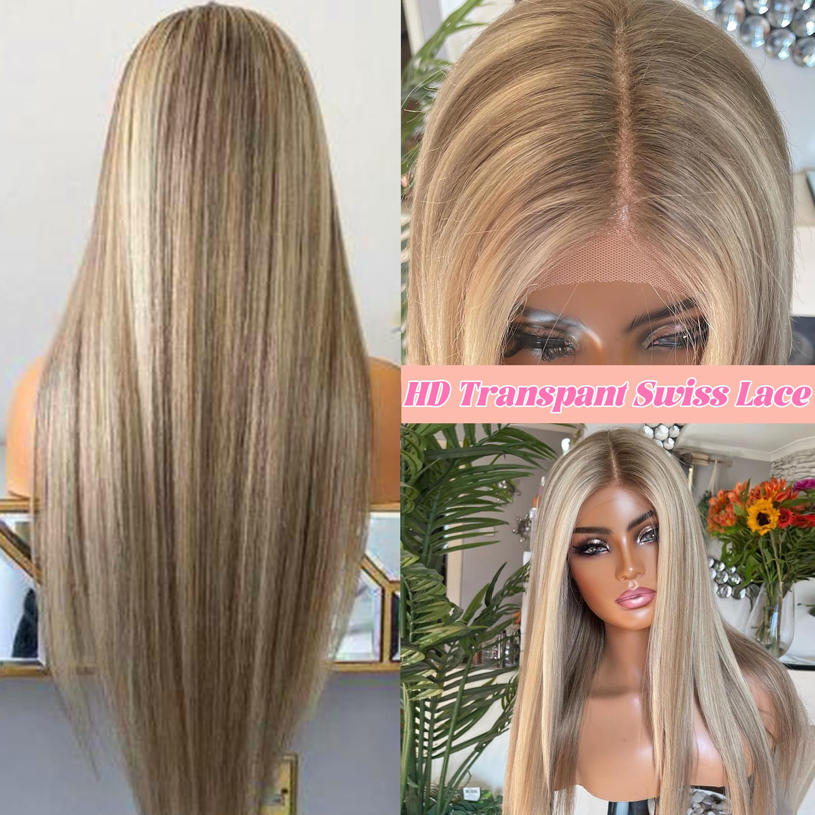 30 Inch Highlight Ombre Lace Front Wig Human Hair, 150% Density Ash Blonde Long Straight Hair 13X4 Lace Front Wigs Pre Plucked W