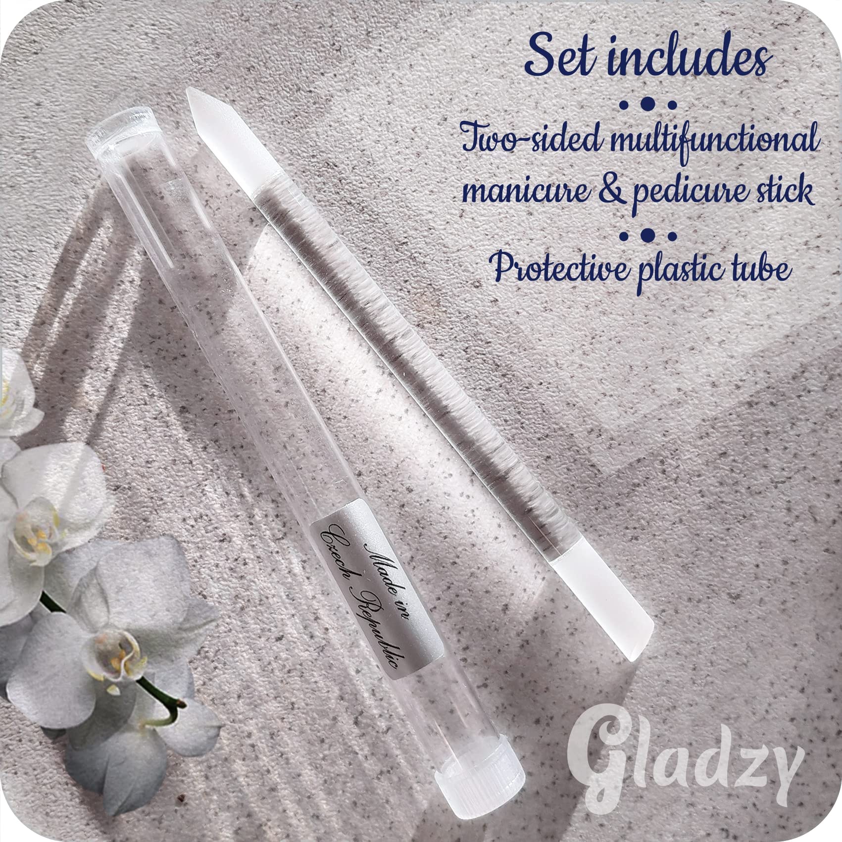 Glass Cuticle Pusher by GLADZY    - Manicure Stick Professional Nail Care Set, Precision Filing Cuticle Remover, Etched Surface