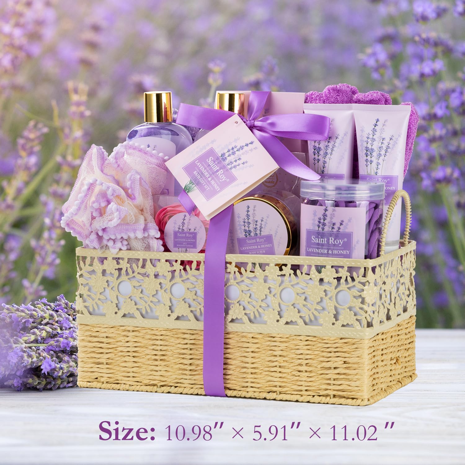 Luxury Bath & Body Set For Women Lavender & Honey Large Spa Basket 20Pcs Luxurious Bath Spa Kit For Women, Mother Day Gifts Perf