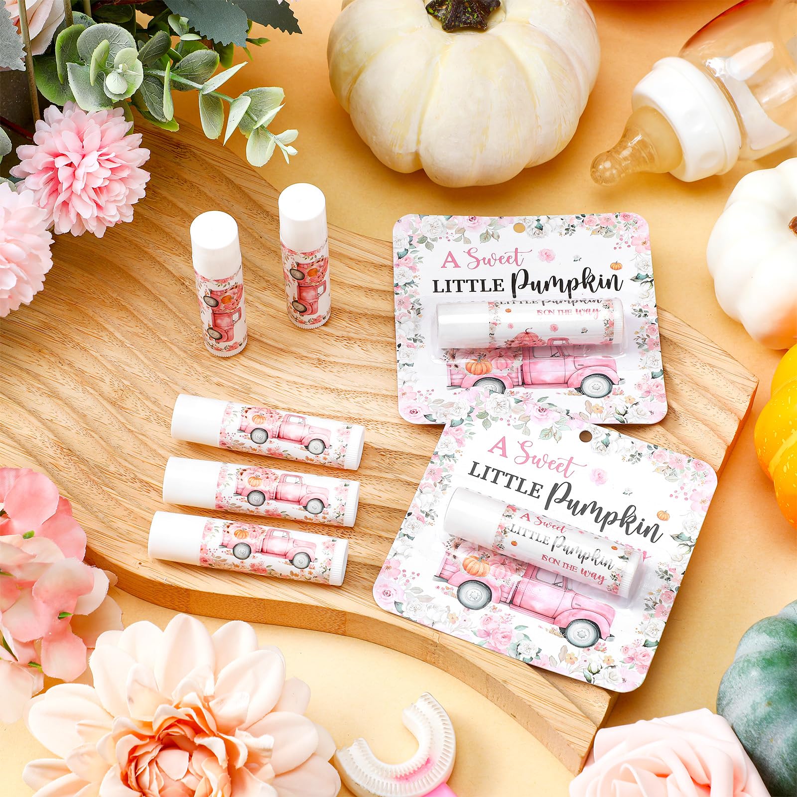 Heigble 24 Pcs Little Pumpkin Lip Balms Bulk Fall Pink Truck Lip Care Moisturizer Baby Shower Party Supply for Guest Gift Set Tr