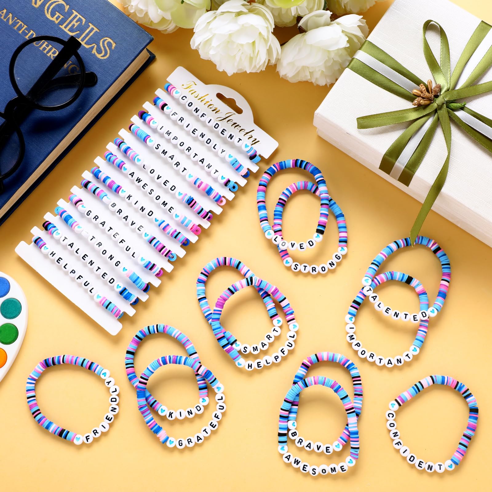 Liliaafar 24 Pcs Christmas Inspirational Friends Bracelets Clay Beaded Bracelet Cute Charm Jewelry Gift for Xmas Students Birthd