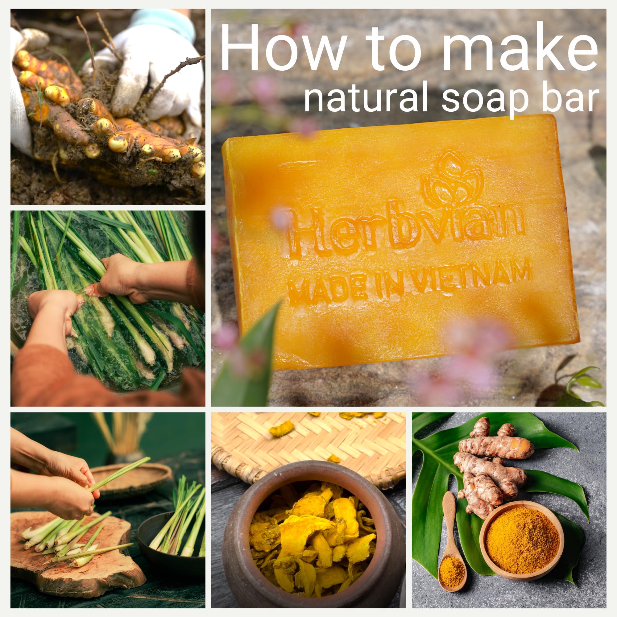 Herbvian 100% Natural Turmeric Soap Bar For Face And Body, Warmth Lemongrass Mosquito Repellent Soap, Vietnamese Back Acne Bath