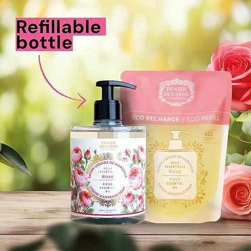 Panier Des Sens - Marseille Liquid Hand Soap - Rose Hand Wash - Moisturizing Soap With Coconut Oil - Bathroom & Kitchen Refillab