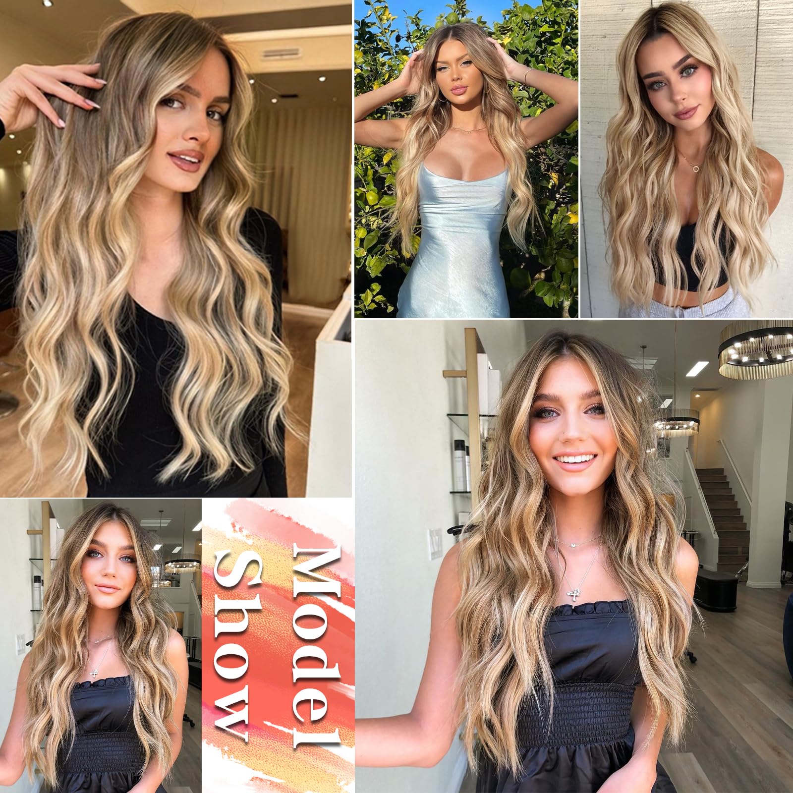 AISI QUEENS Long Blonde Wigs for Women Ombre Blonde Wavy Synthetic Curly Hair Wigs Natural Looking Middle Part Heat Resistant Fi
