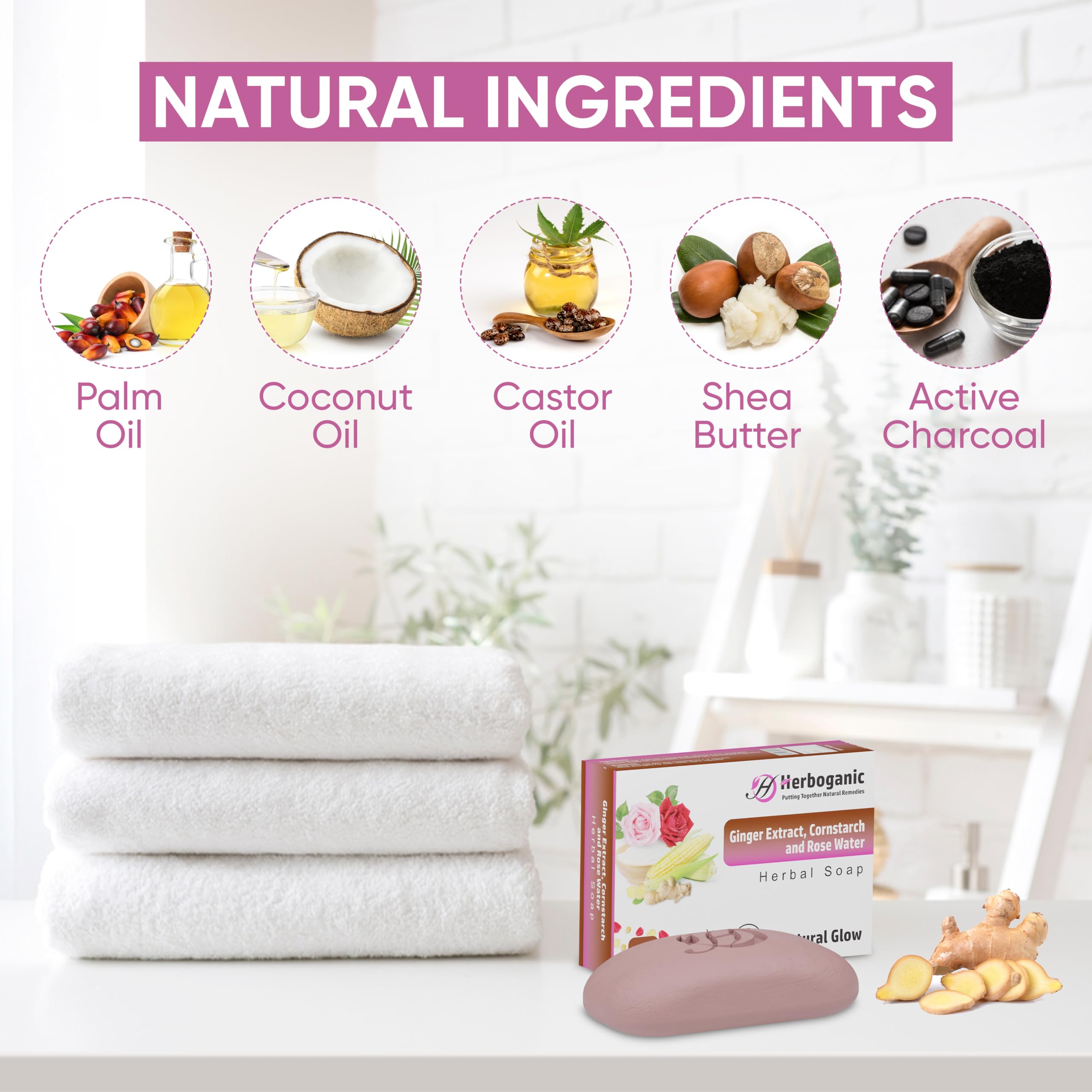 HERBOGANIC Ginger Extract, Cornstarch and Rose Water Herbal Soap | Pack of 3 of 5oz soap Bar | Natural Bar Soap for Face and Bod