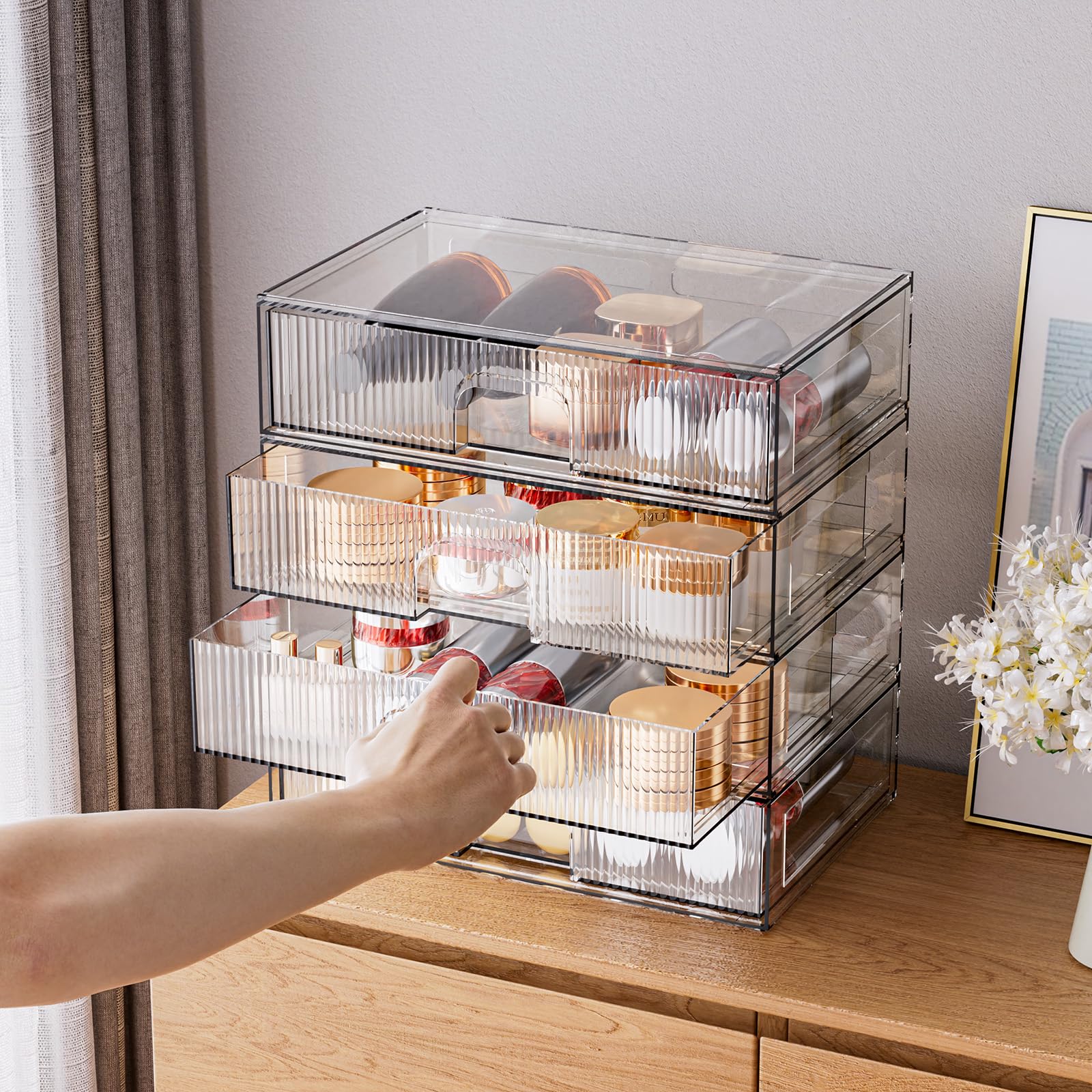 Zhiai Stackable Storage Drawer, 4 Piece Acrylic Organiser For Cosmetics And Beauty Products, Suitable For Dressers, Bathrooms, C