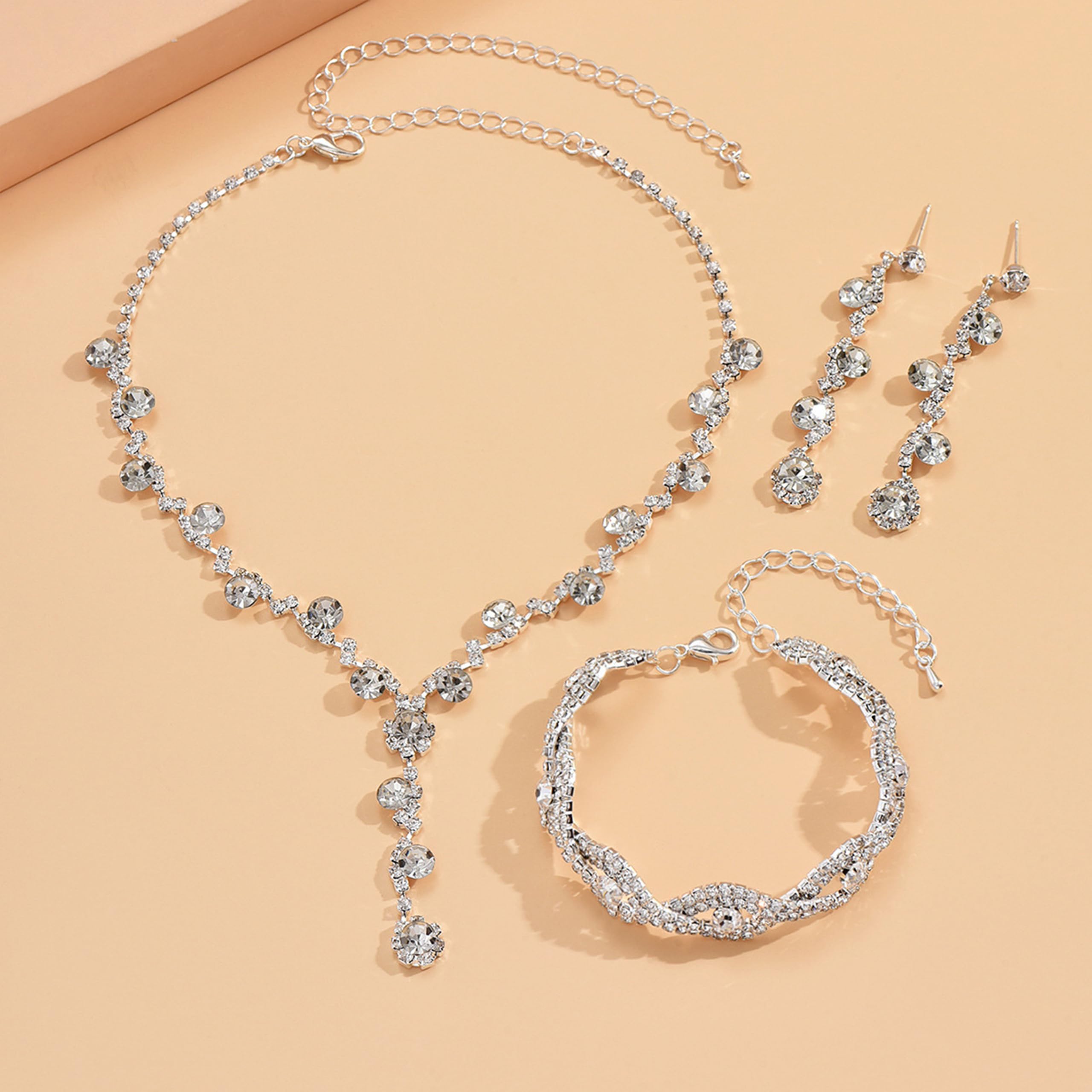 HUASAI Silver Wedding Jewelry Sets for Brides Rhinestone Necklace Earrings Bracelet Set Bridal Costume Jewelry for Women Formal
