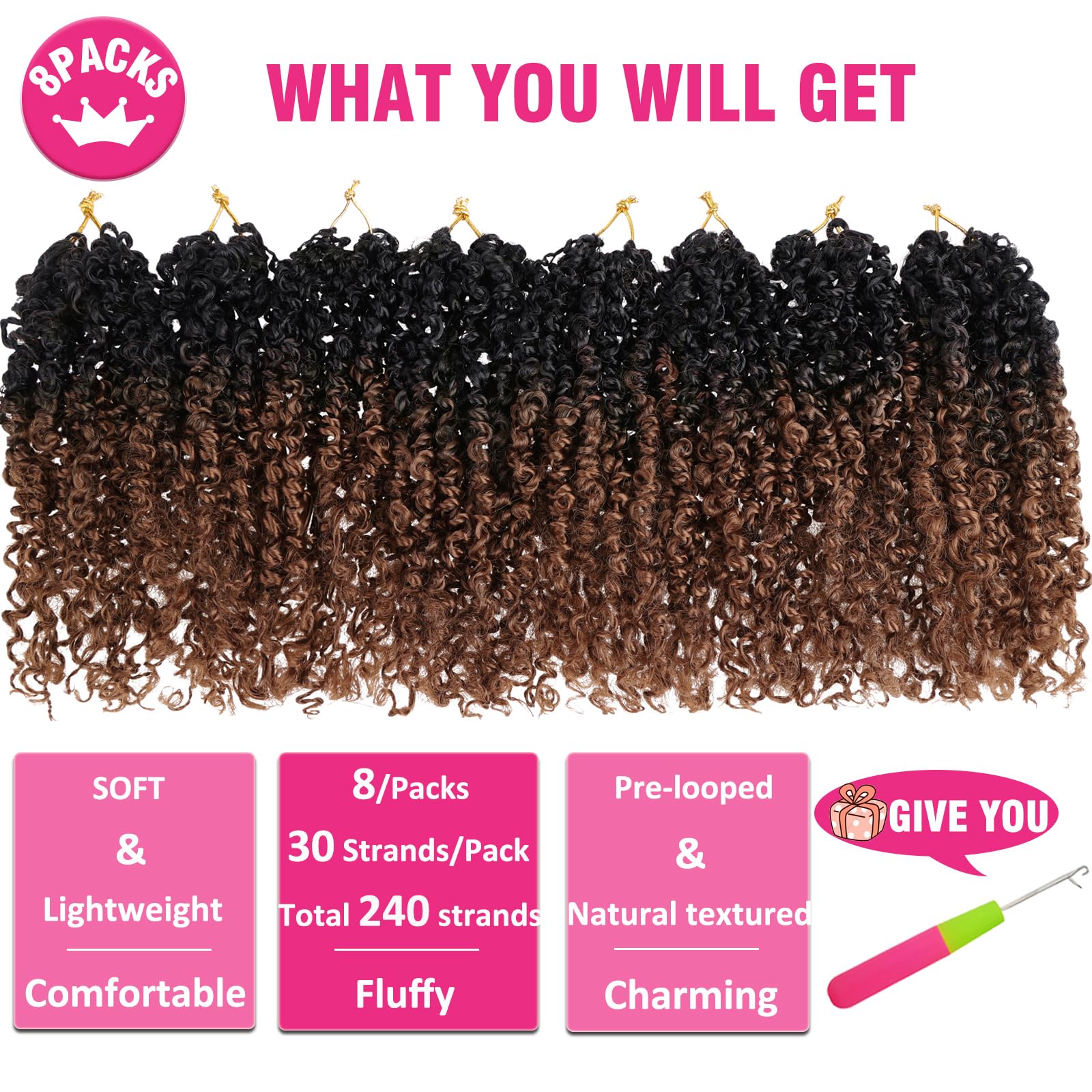 Unionbeauty 10 Inch Pre-Twisted Yanky Twists Crochet Braids Hair 8Pcs Pre-Looped Ombre Brown Senegalese Twist Micro Passion Twis