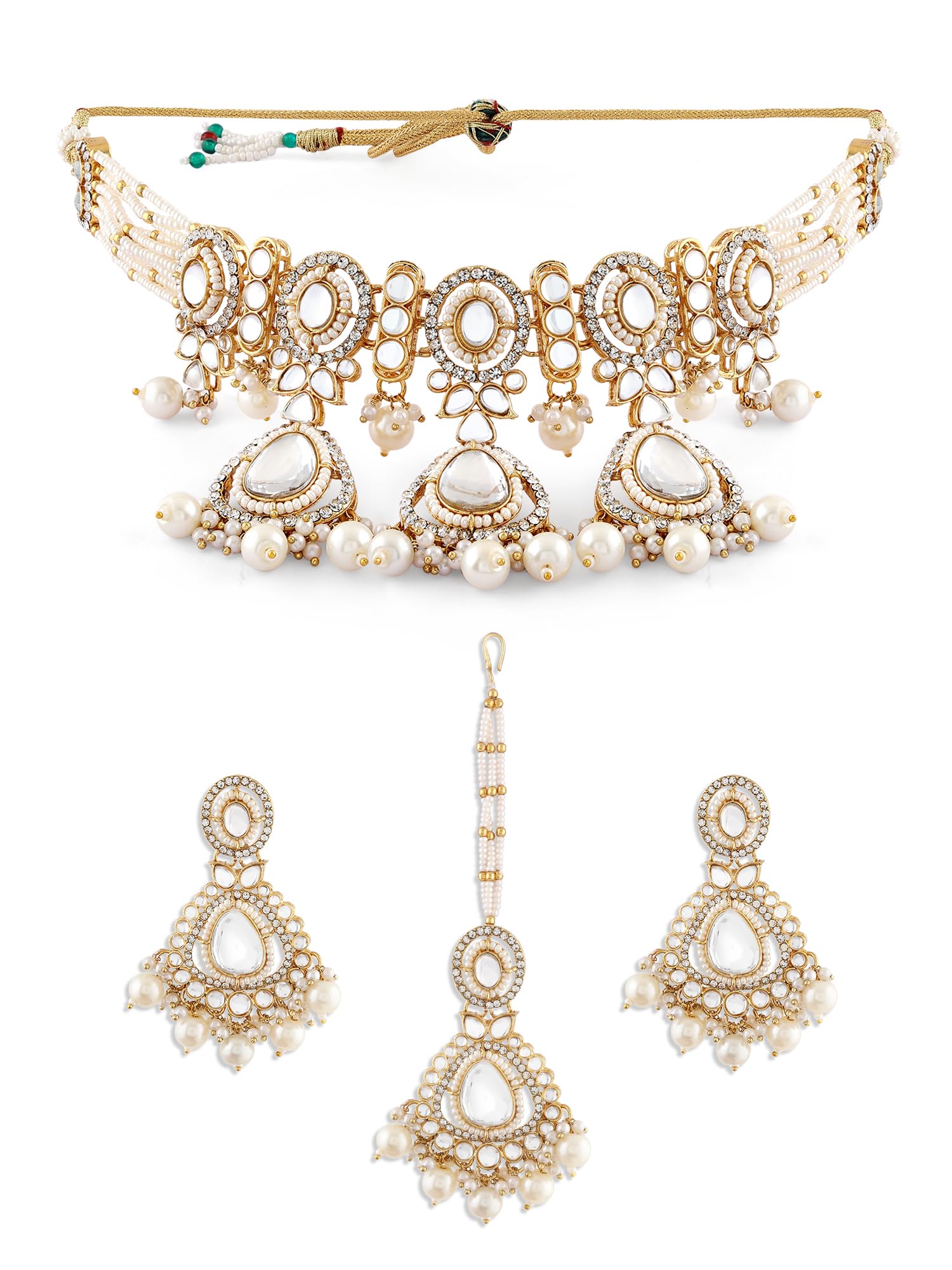 Zaveri Pearls Gold Tone Dazzling Stones Multistrand Beaded Choker Necklace Earring & Maangtikka Set For WomenZpfk17788