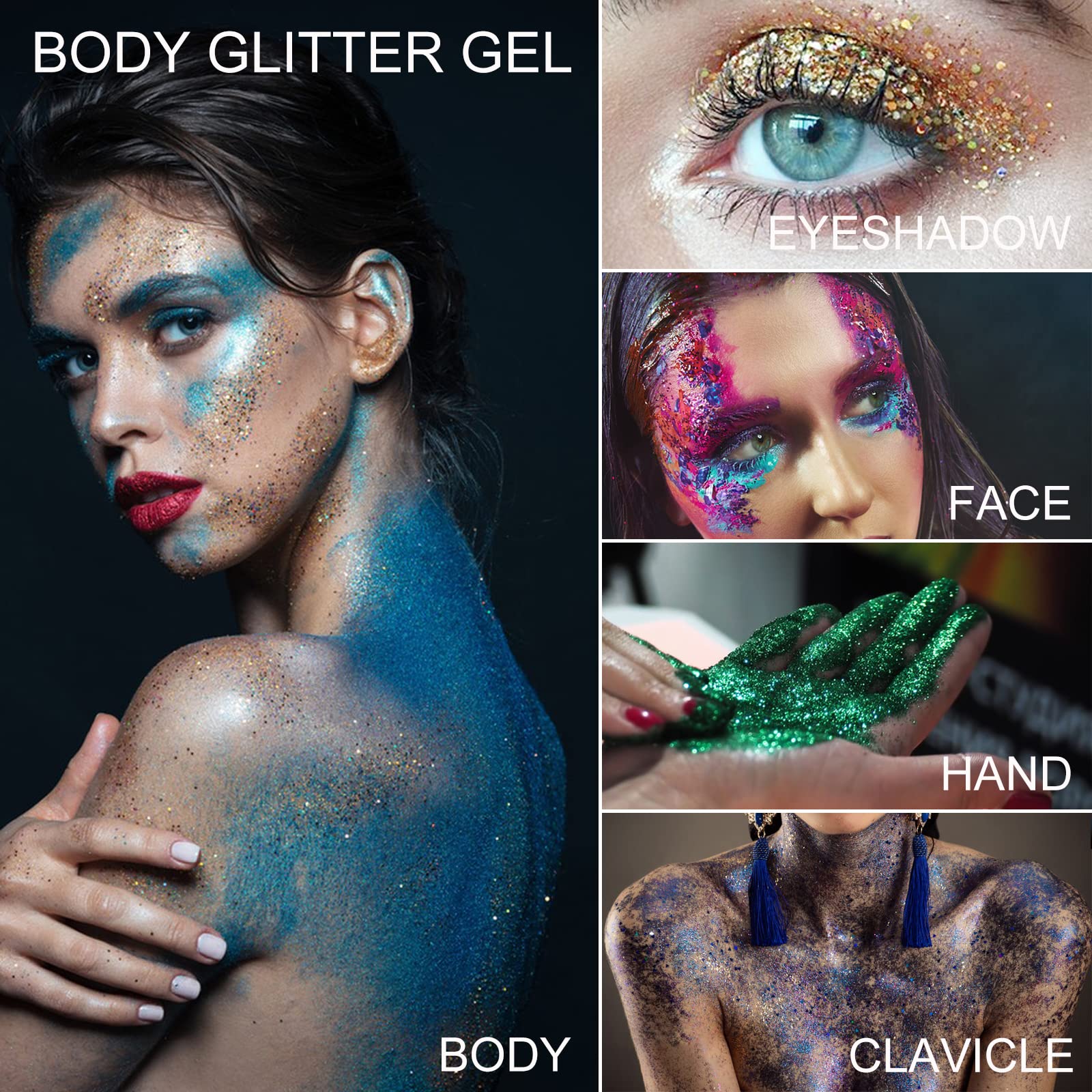 Holographic Body Glitter Gel for Face, Body, Nail, Super Long Lasting Waterproof Quick Dry Liquid Chunky Green Glitter for St. P