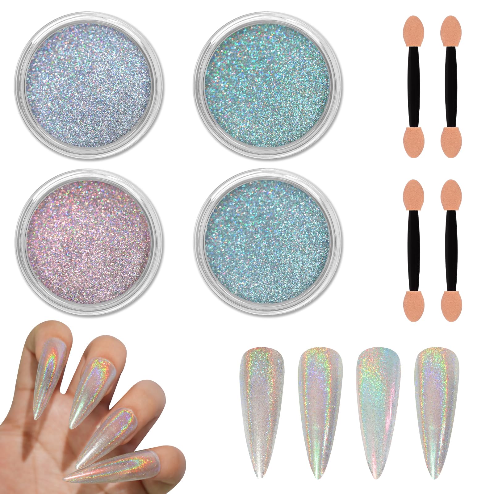 Allstarry Chrome Nail Powder Holographic Aurora Metallic Mirror Laser Effect Pigment, Iridescent ICY Aurora Glitter Dust Kit for