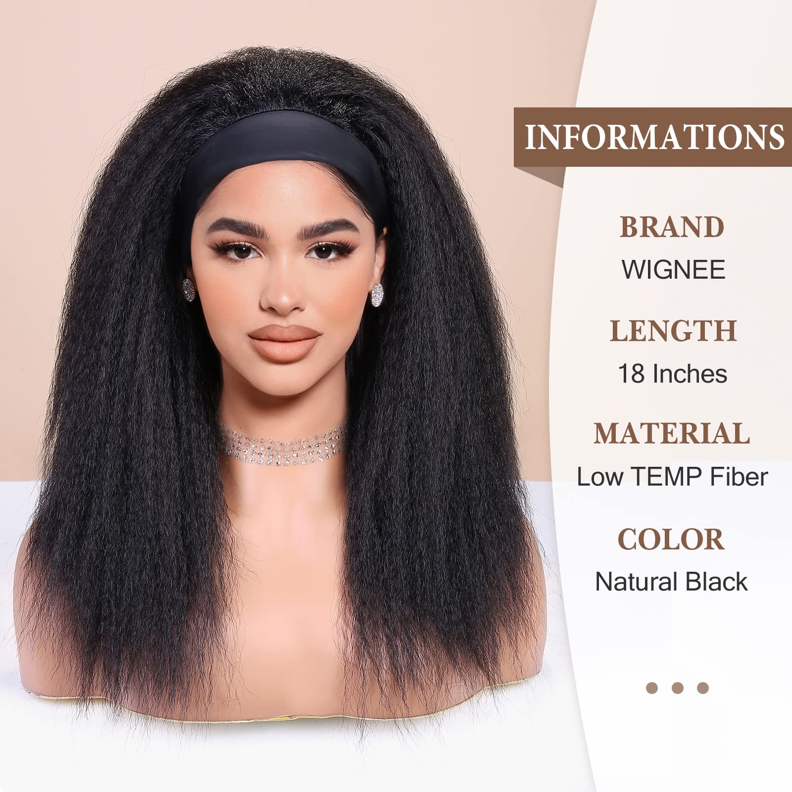 Wignee 18 Inches Kinky Straight Headband Wig For Women Yaki Straight Wigs With Black Headband Kinky Afro Wigs For Black Women (1