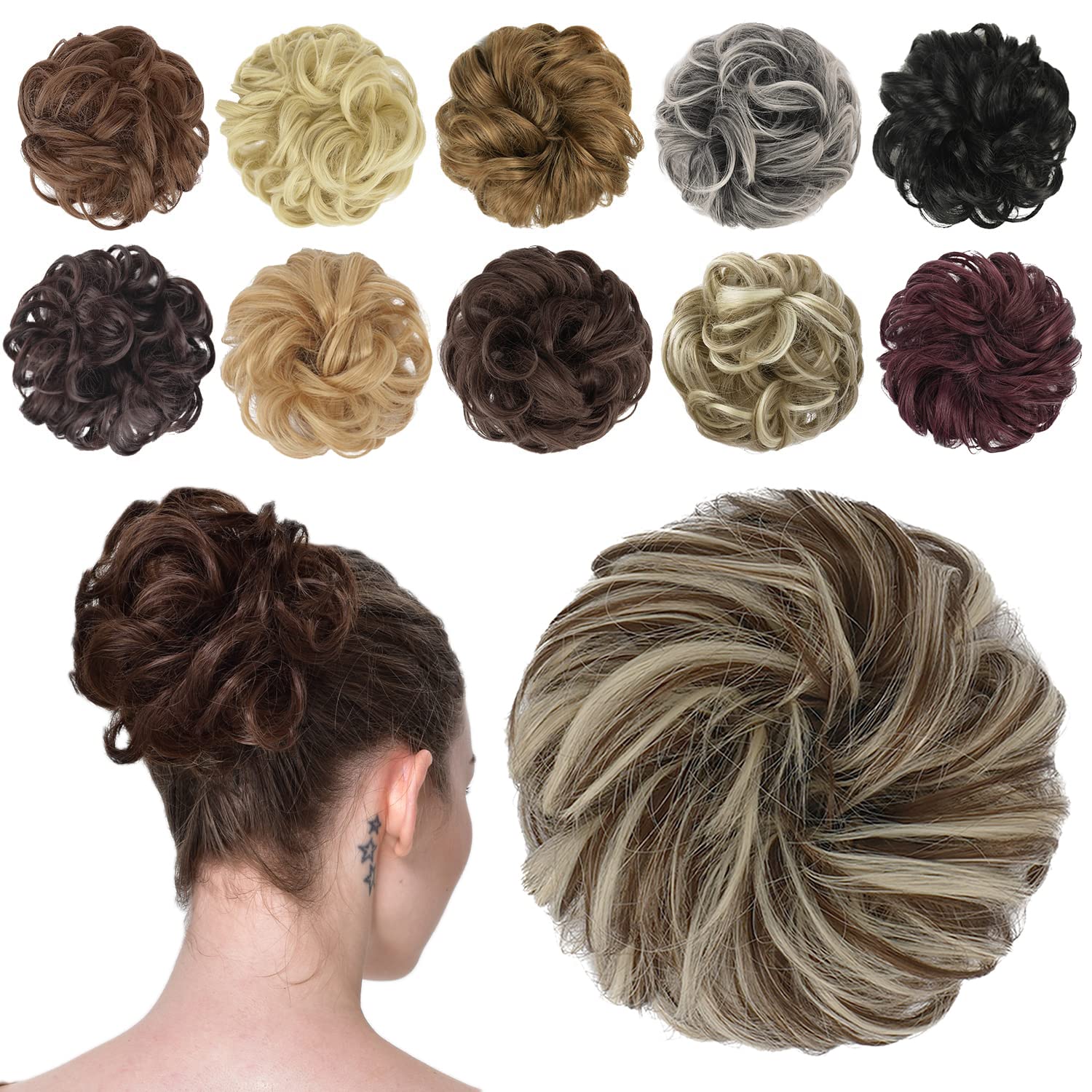 FESHFEN Messy Bun Hair Piece Hair Bun Scrunchies Synthetic Wavy Chignon Ponytail Hair Extensions Thick Updo Hairpieces for Women