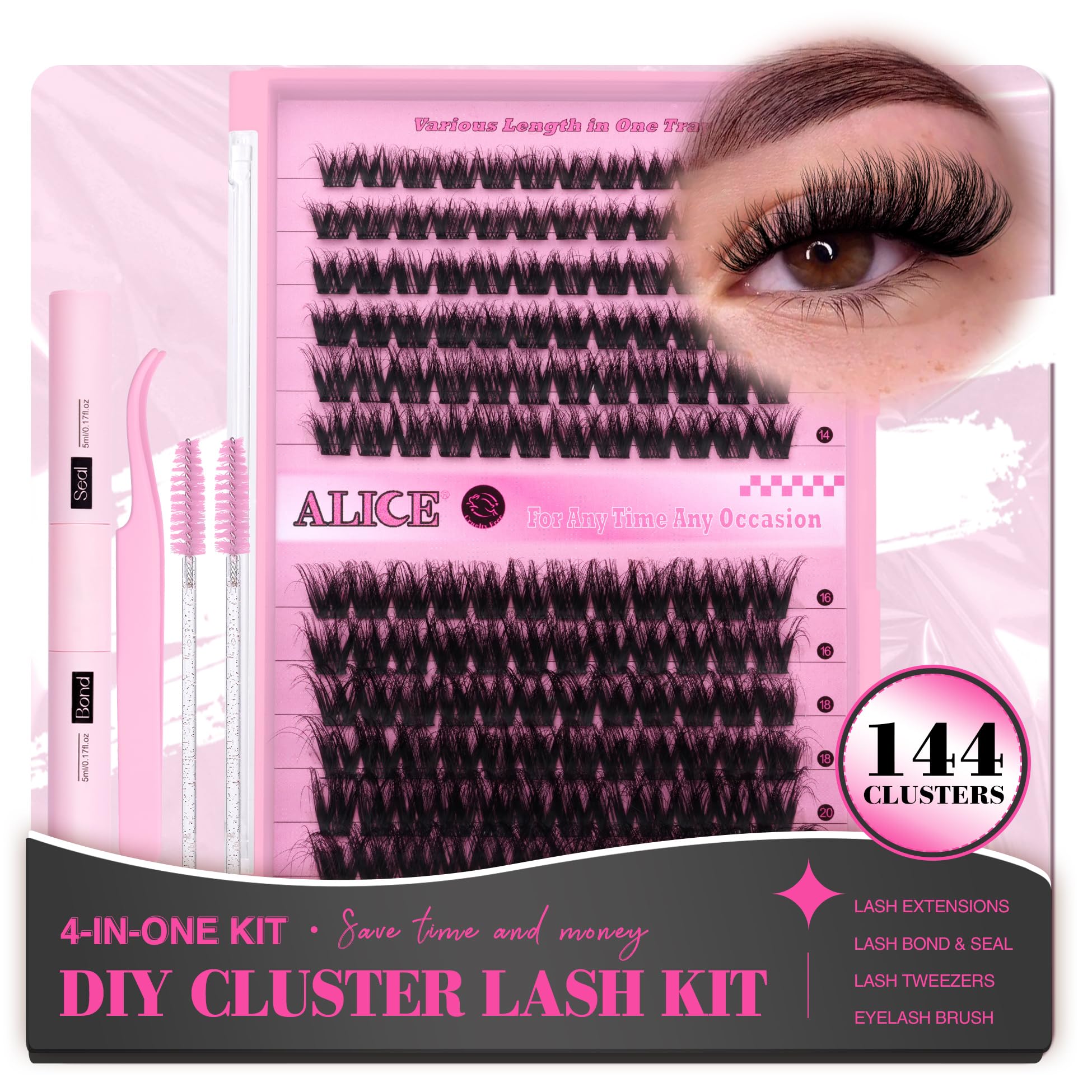 ALICE Lash Extension Kit Fluffy Volume Cluster Lashes Wispy 8-20MM D Curl Individual Lashes Eyelash Clusters Kit Lash Glue Bond 