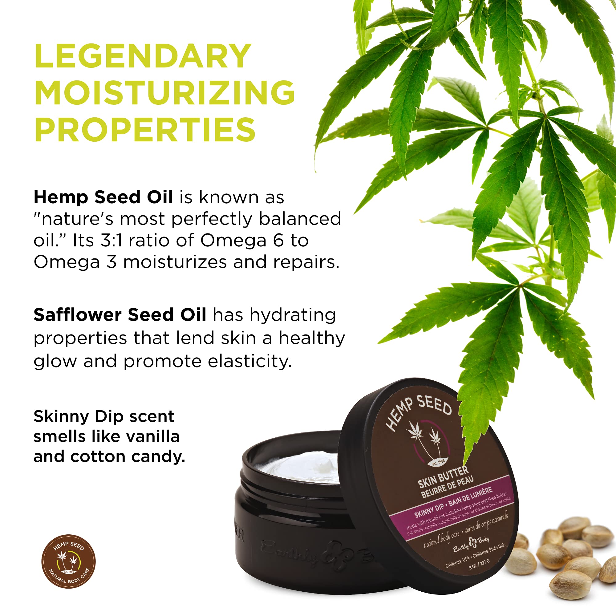 Hemp Seed Skin Butter, Skinny Dip - 8 oz. - Total Body Moisturizer - Hemp Seed Oil, Jojoba Oil, Shea Butter - Vegan & Cruelty Fr