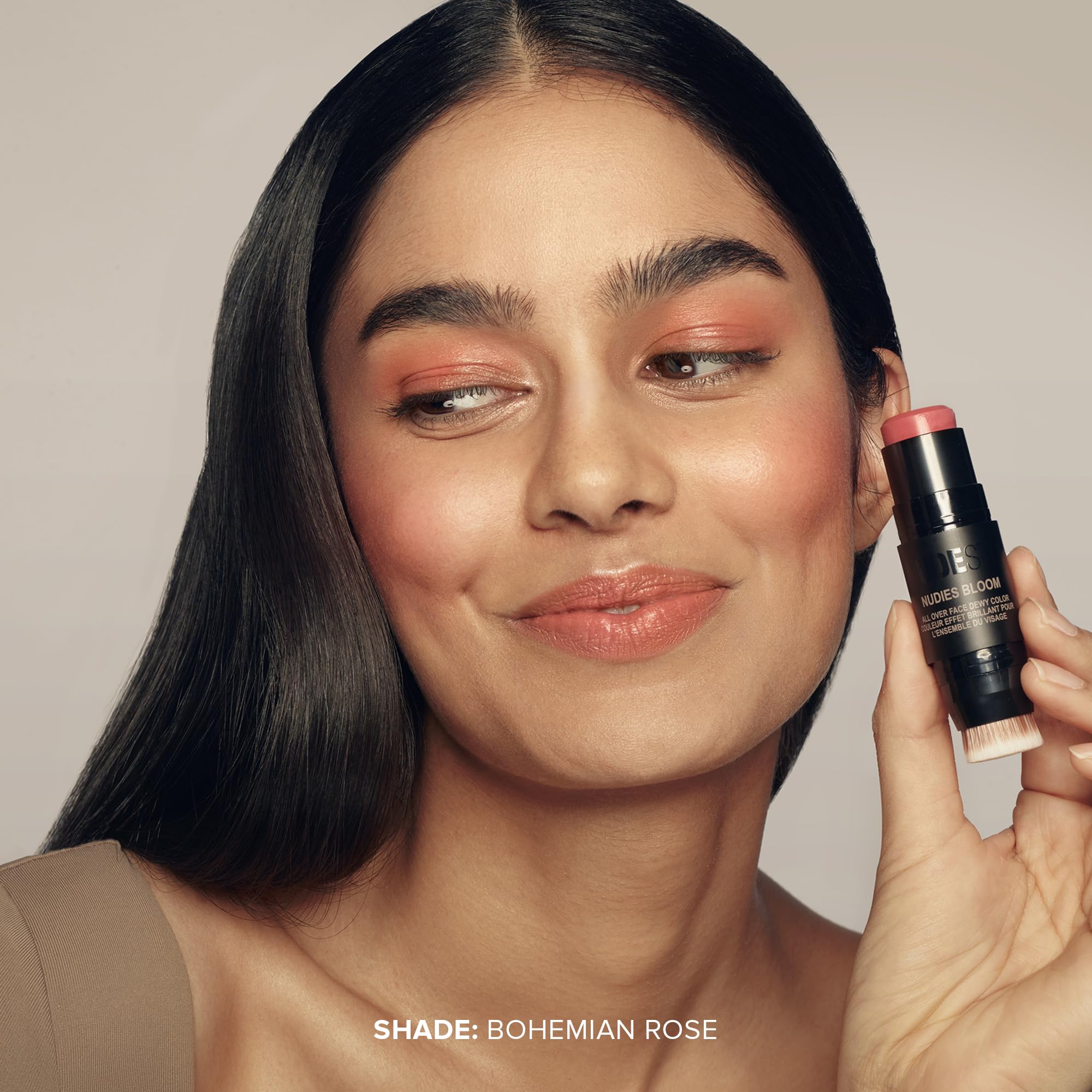 Nudestix Nudies Bloom Dewy and Radiant Cream Blush 3-in-1 All Over Face Colour For Cheeks, Eyes and Lips w/Blending Brush (Bohem