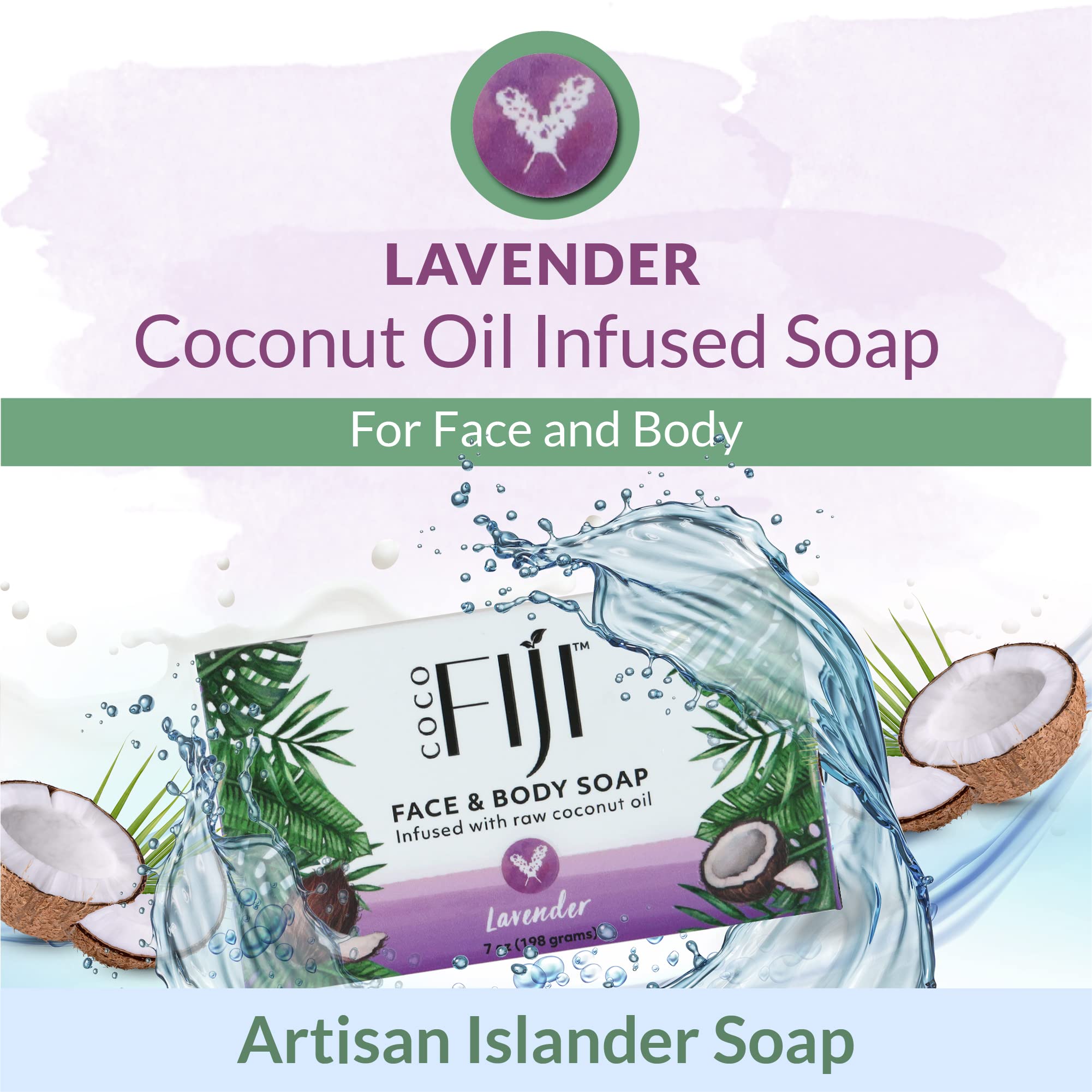 Coco Fiji Soap Bar for Face and Body Infused With Organic Coconut Oil, Lavender Essential Oil, Natural Soap for Moisturizing & P