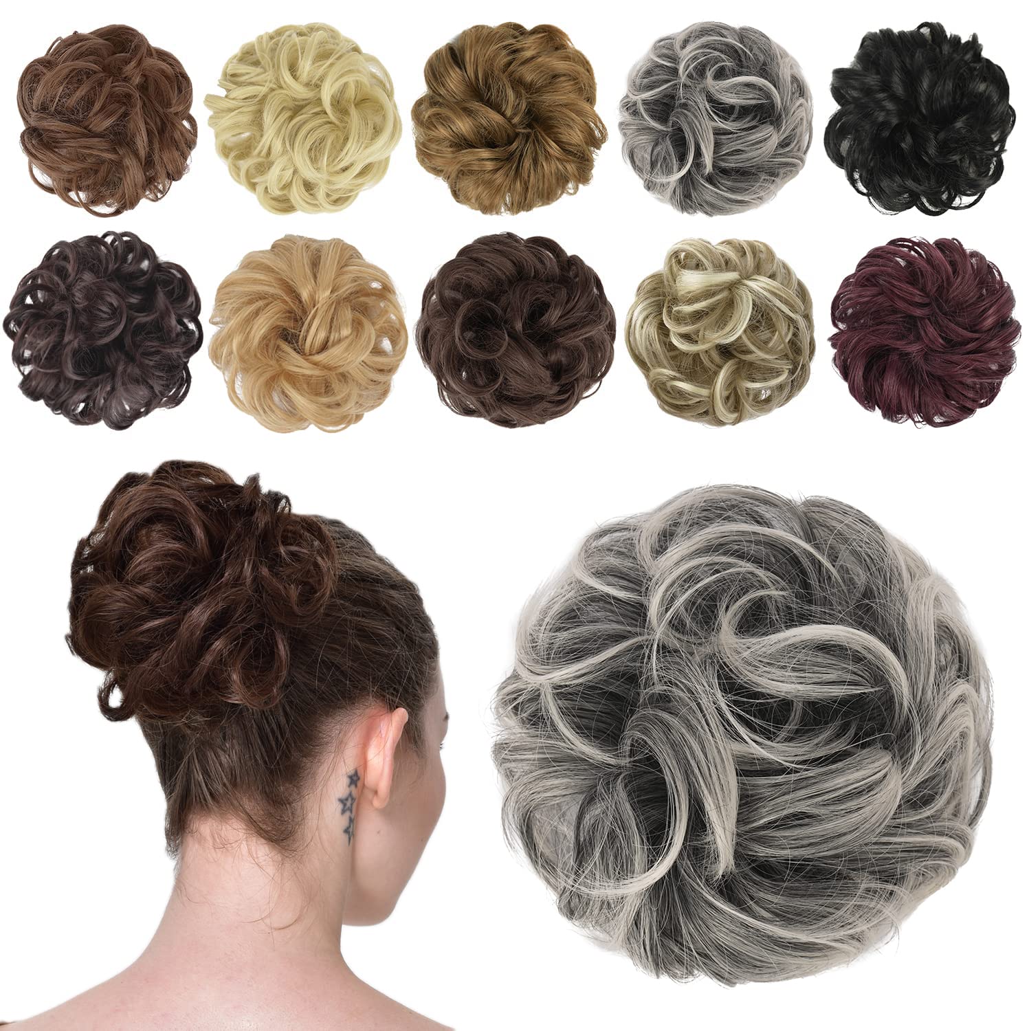 FESHFEN Messy Hair Bun Hair Pieces Elastic Wavy Curly Hair Bun Scrunchies Extensions Synthetic Chignon Hairpieces for Women Girl