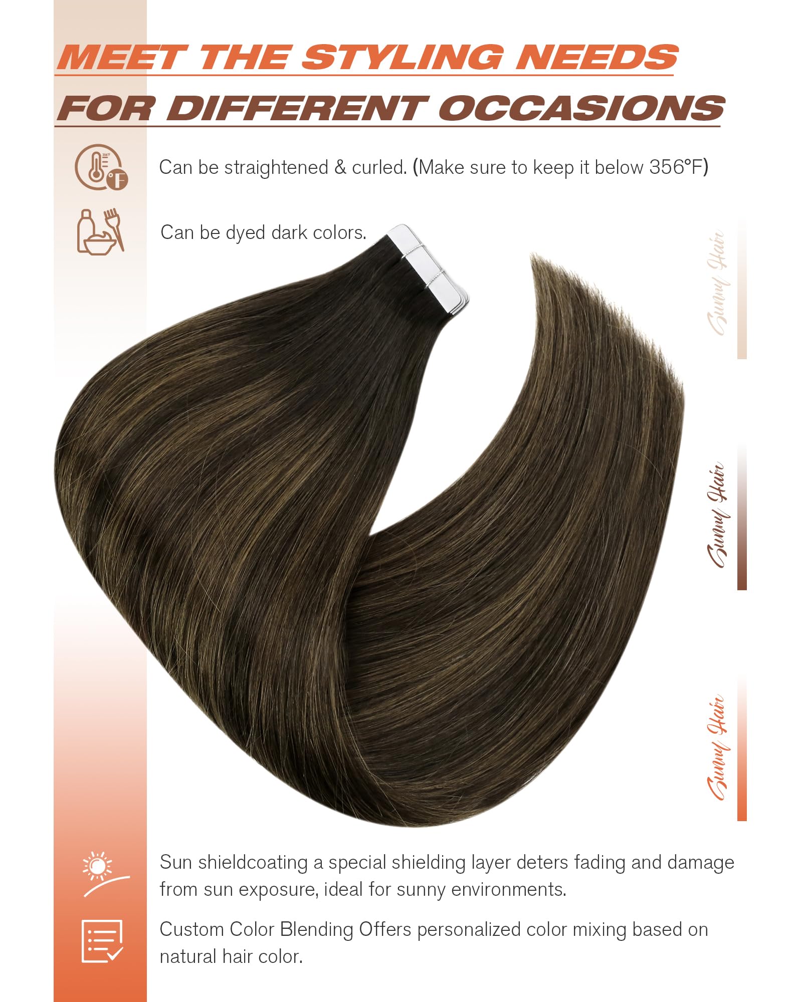 Sunny Hair Tape in Hair Extensions Real Human Hair Invisible Remy Hair Extensions Tape ins for Women Darkest Brown Ombre Medium