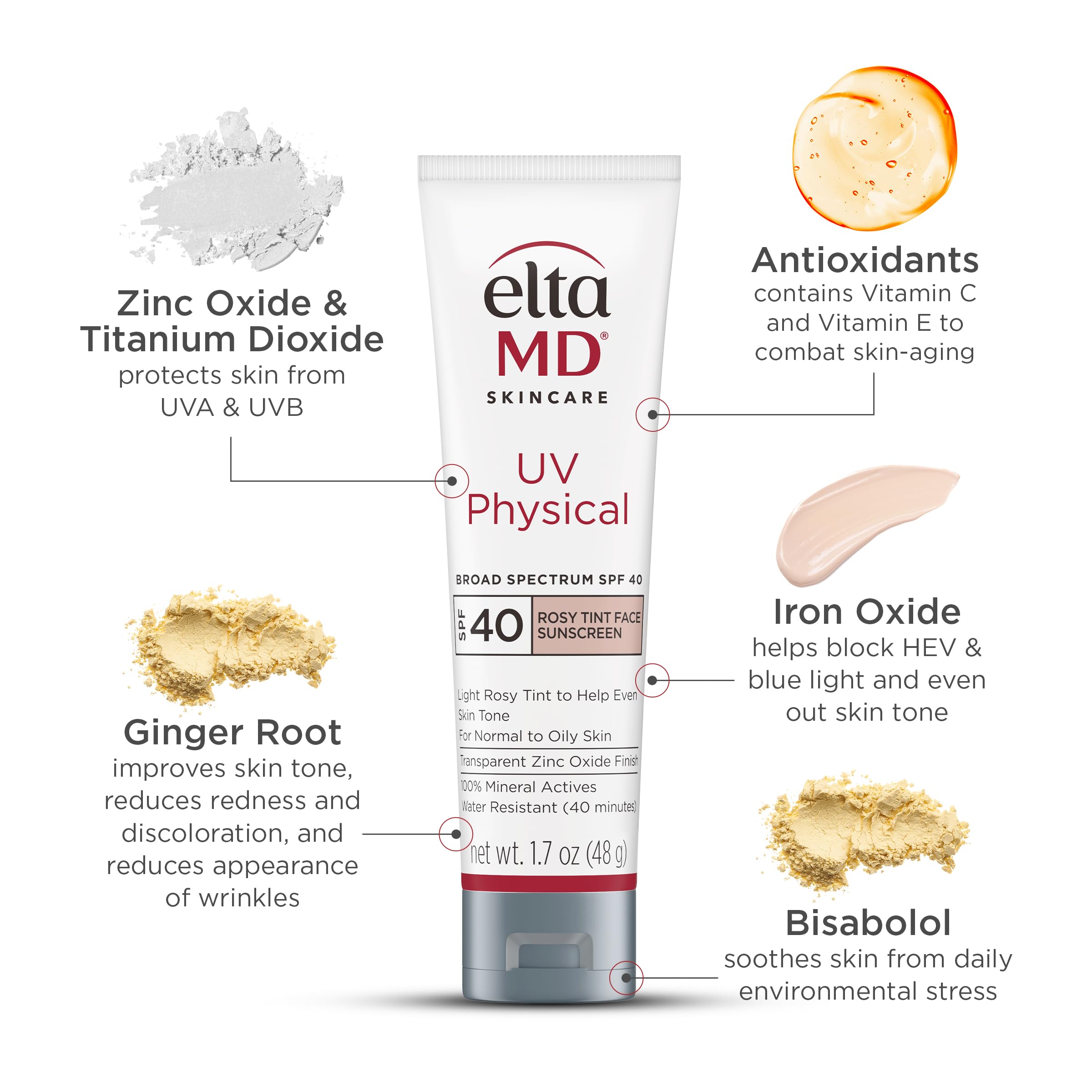 Eltamd Uv Physical Rosy Tint Sunscreen For Face, Spf 41 Antixoidant Tinted Sunscreen, 100% Mineral Actives, 1.7 Oz