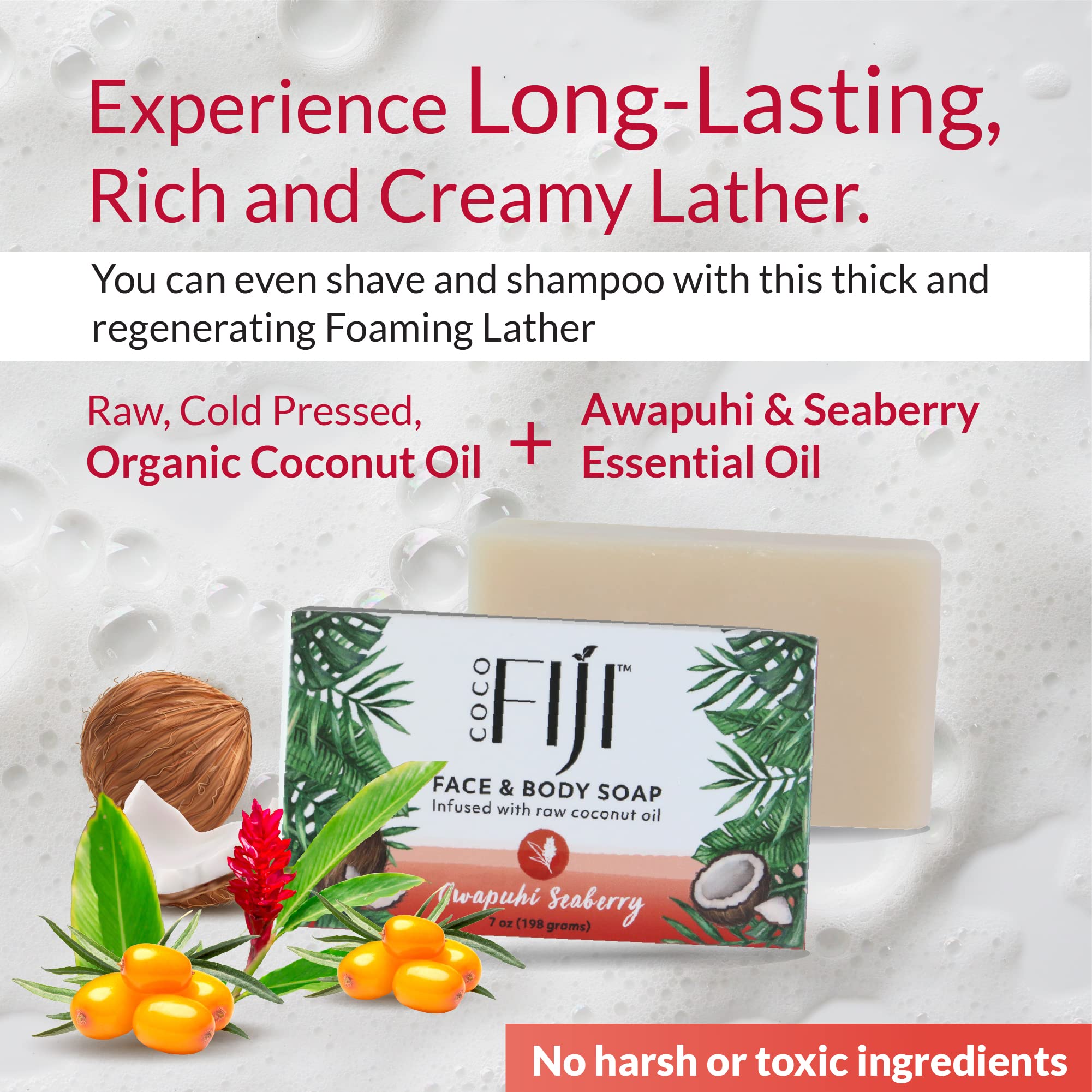 'Coco Fiji Soap Bar For Face And Body Infused With Organic Coconut Oil, Awapuhi Seaberry, Essential Oil, Natural Soap For Moist