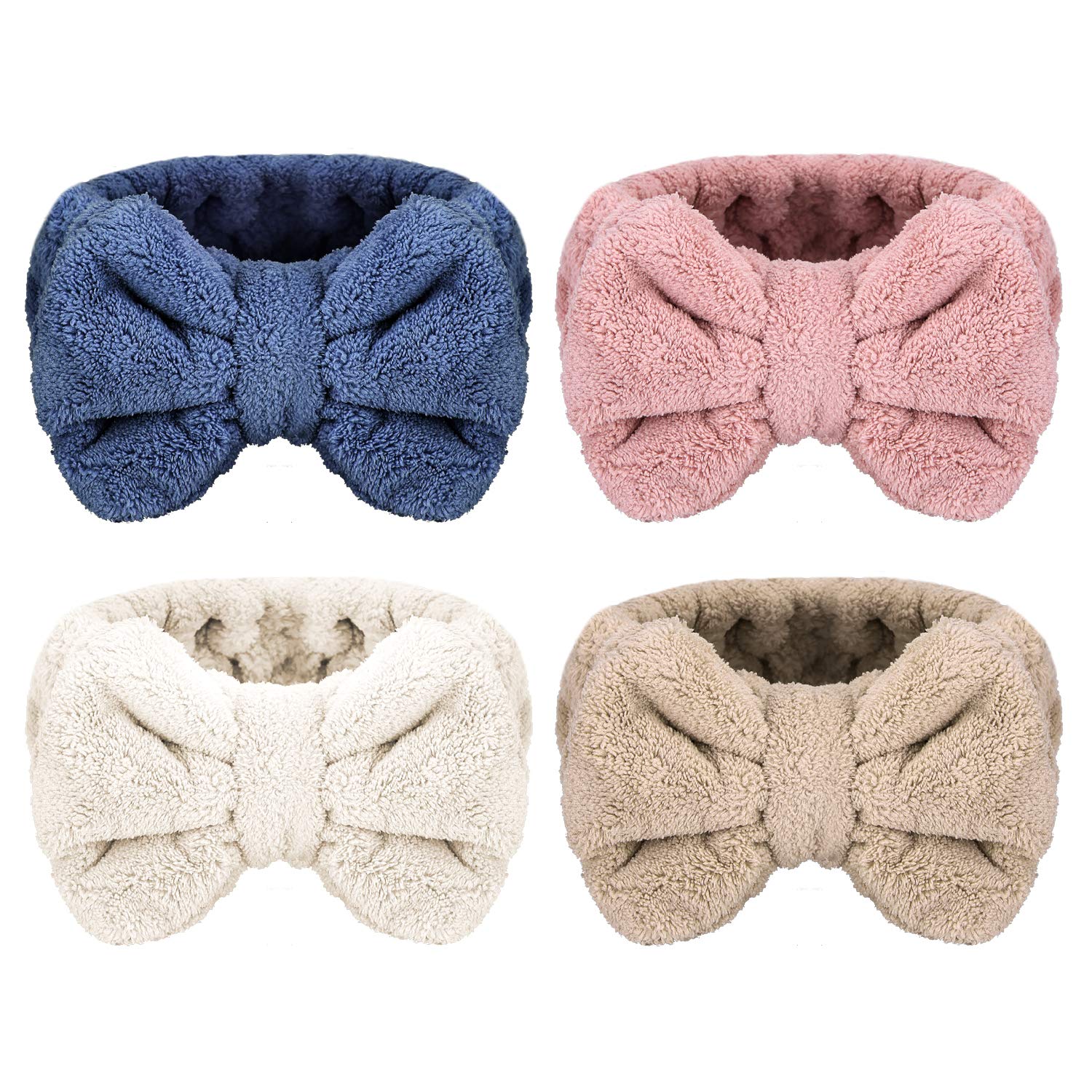Senkary 4 Pack Bow Makeup Headband Microfiber Spa Headbands Towel Headband Soft Puffy Washing Face Headband For Women Girls Show