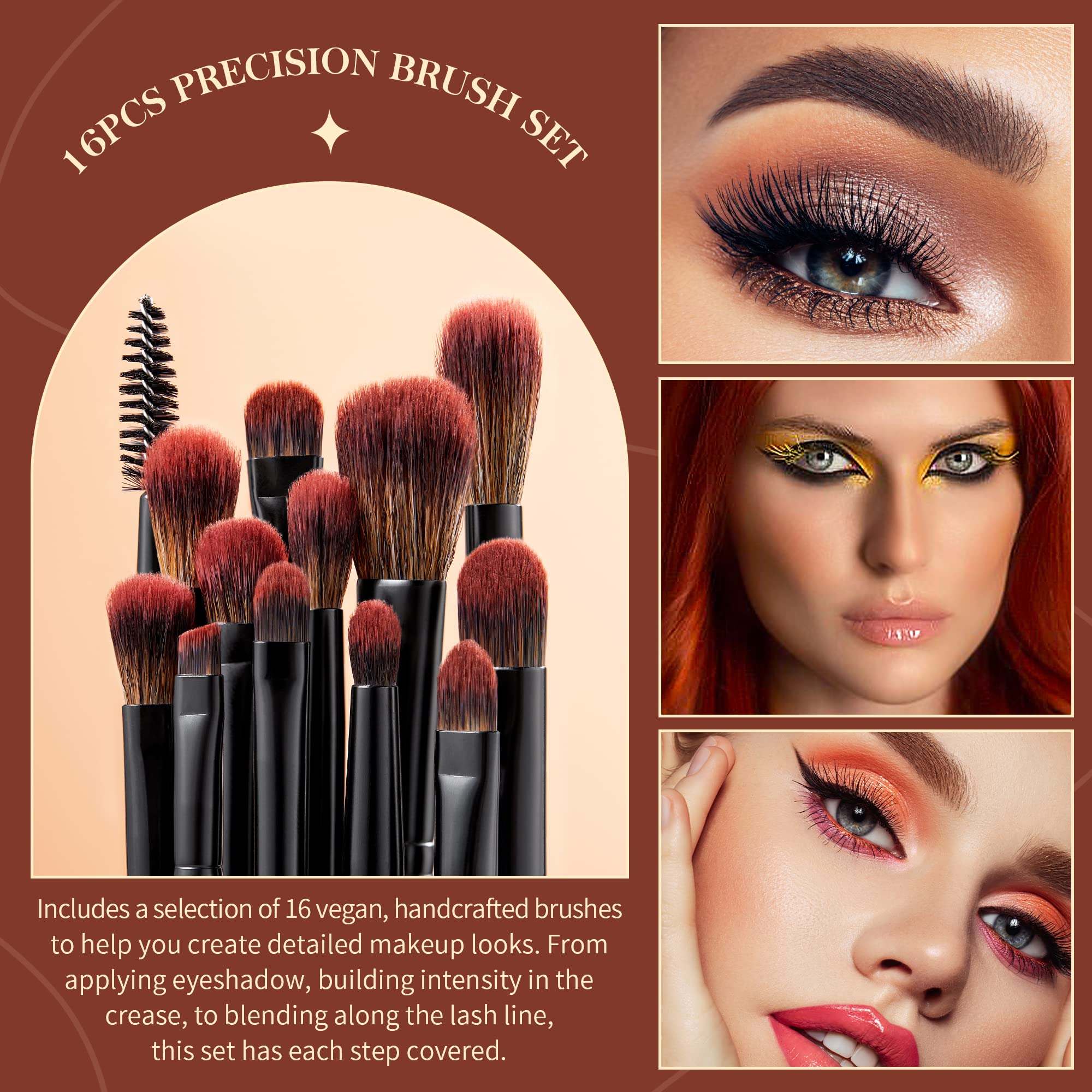 Jessup Eye Brushes Set, Vegan Makeup Brushes with Concealer Powder Eyeshadow Blending Eyeliner Spoolie Brush, 16pcs Premium Synt
