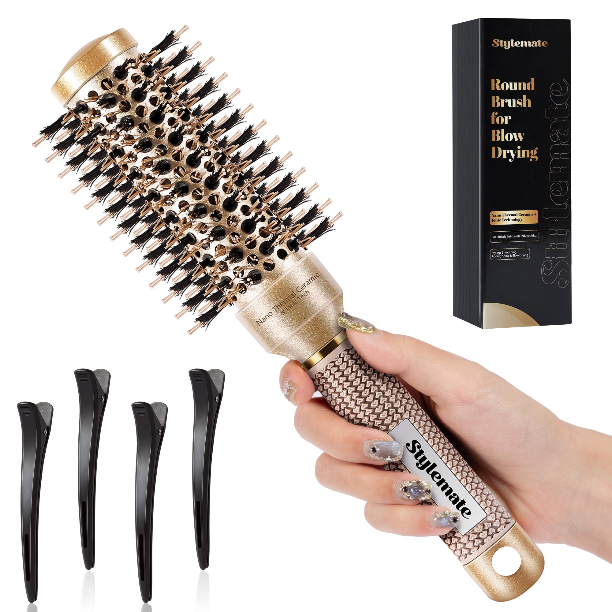 STYLEMATE Round Hair Brush for Blow Out, Nano Thermal Ceramic & Ionic Tech, 1.3 inch Barrel, Boar Bristles, Roller Brush for Blo