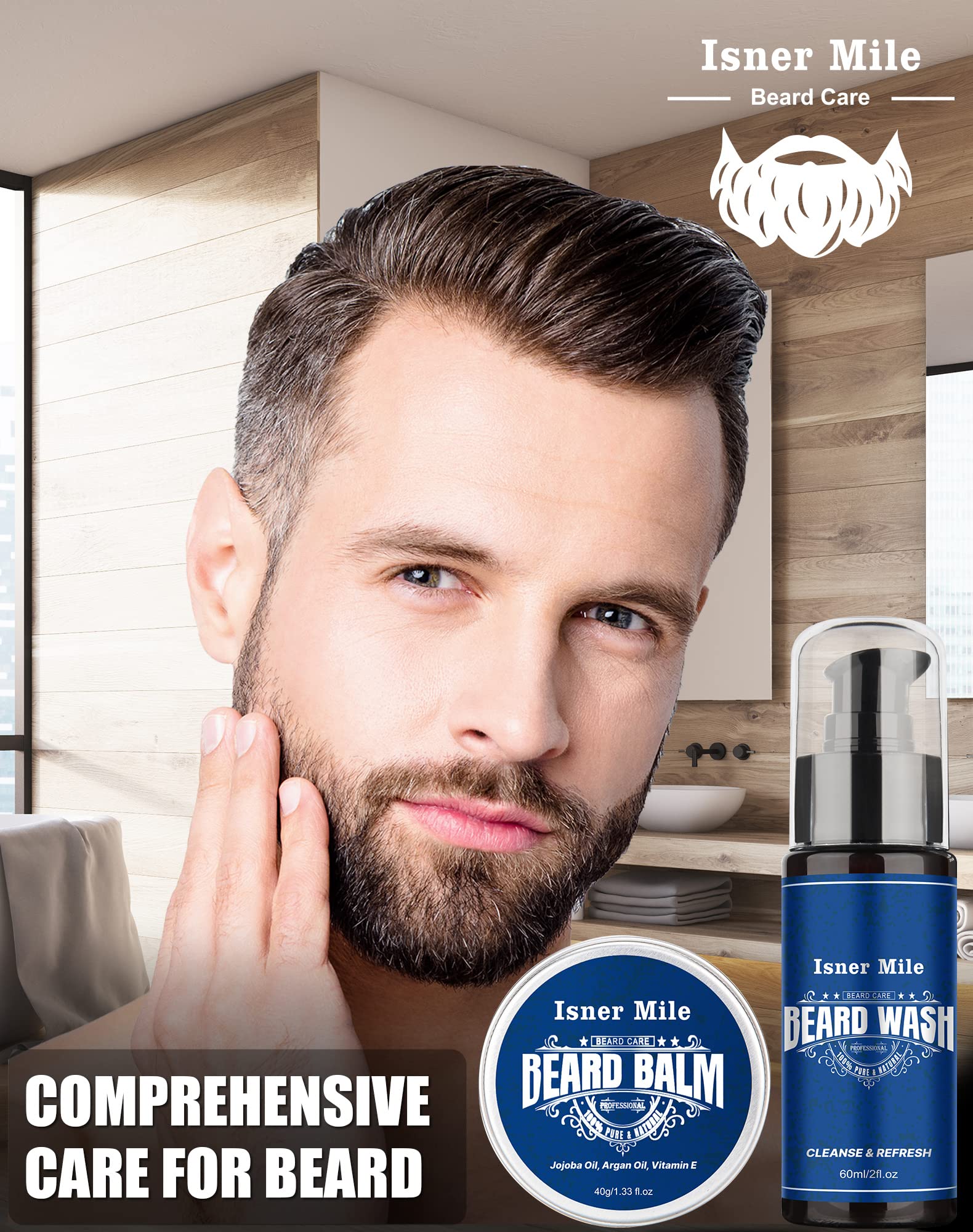 Isner Mile Beard Grooming Kit, Beard Oil, Beard Balm, Beard Brush, Beard Wash, Beard Comb, Beard Scissors, Bag, E-Book - Valenti