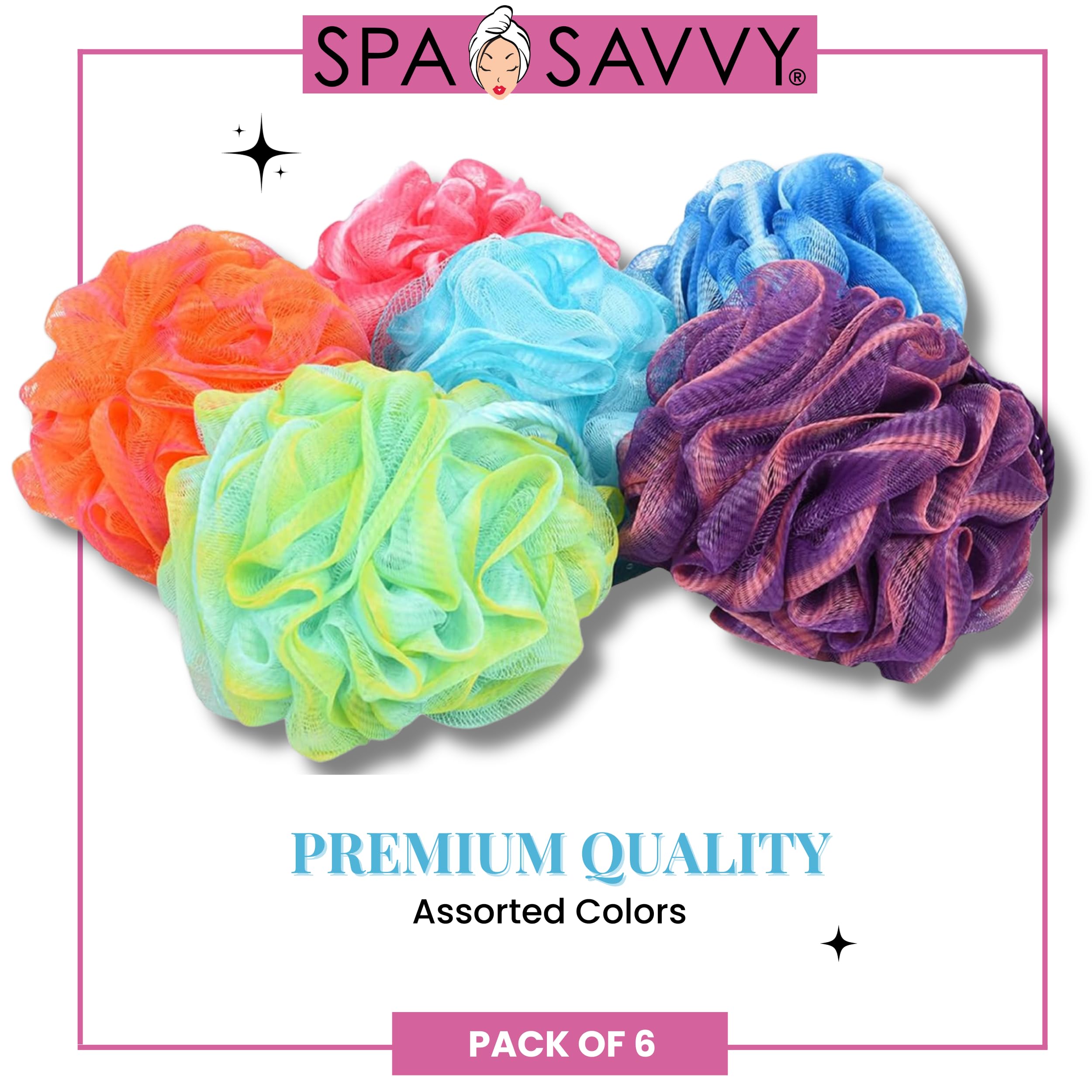 Spa Savvy Bath Loofah Set, Pack Of 6 Shower Body Sponges With Suction Cups For Men And Women, Exfoliating Pouf Bath Accessories,