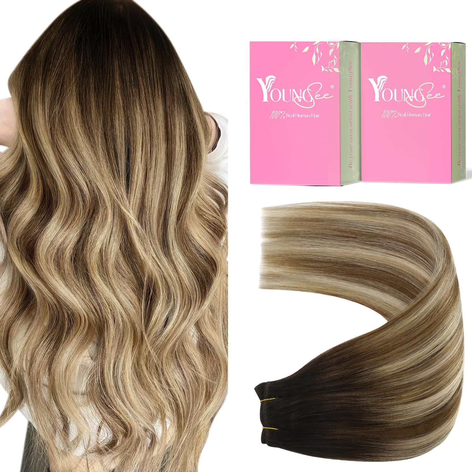 YoungSee Weft Hair Extensions Human Hair Balayage Human Hair Sew in Extensions Dark Brown Roots Blending into Medium Brown with 