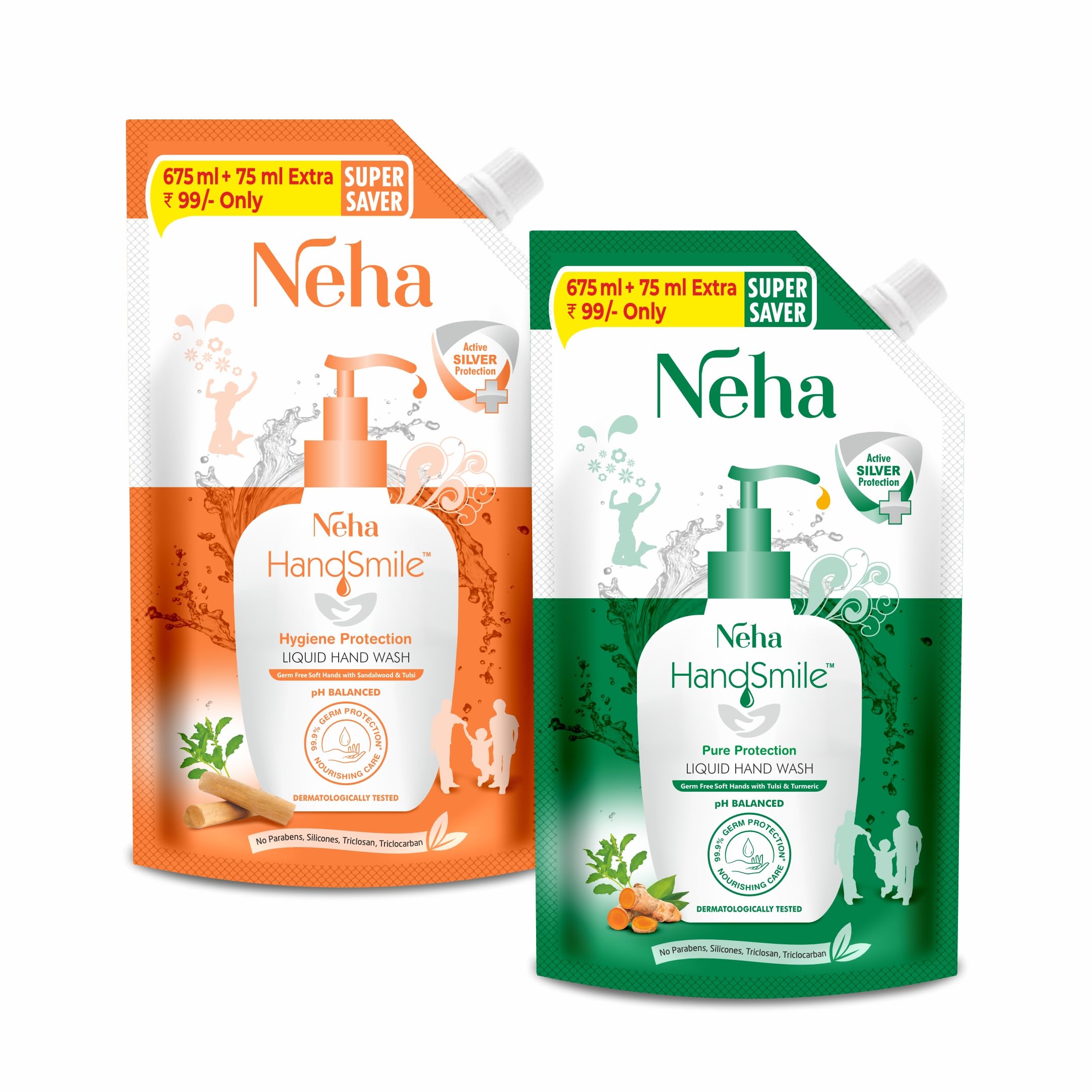 Neha Handsmile Liquid Handwash Pure Protection With Tulsi & Turmeric & Hygiene Protection With Sandalwood & Tulsi Refill Combo |