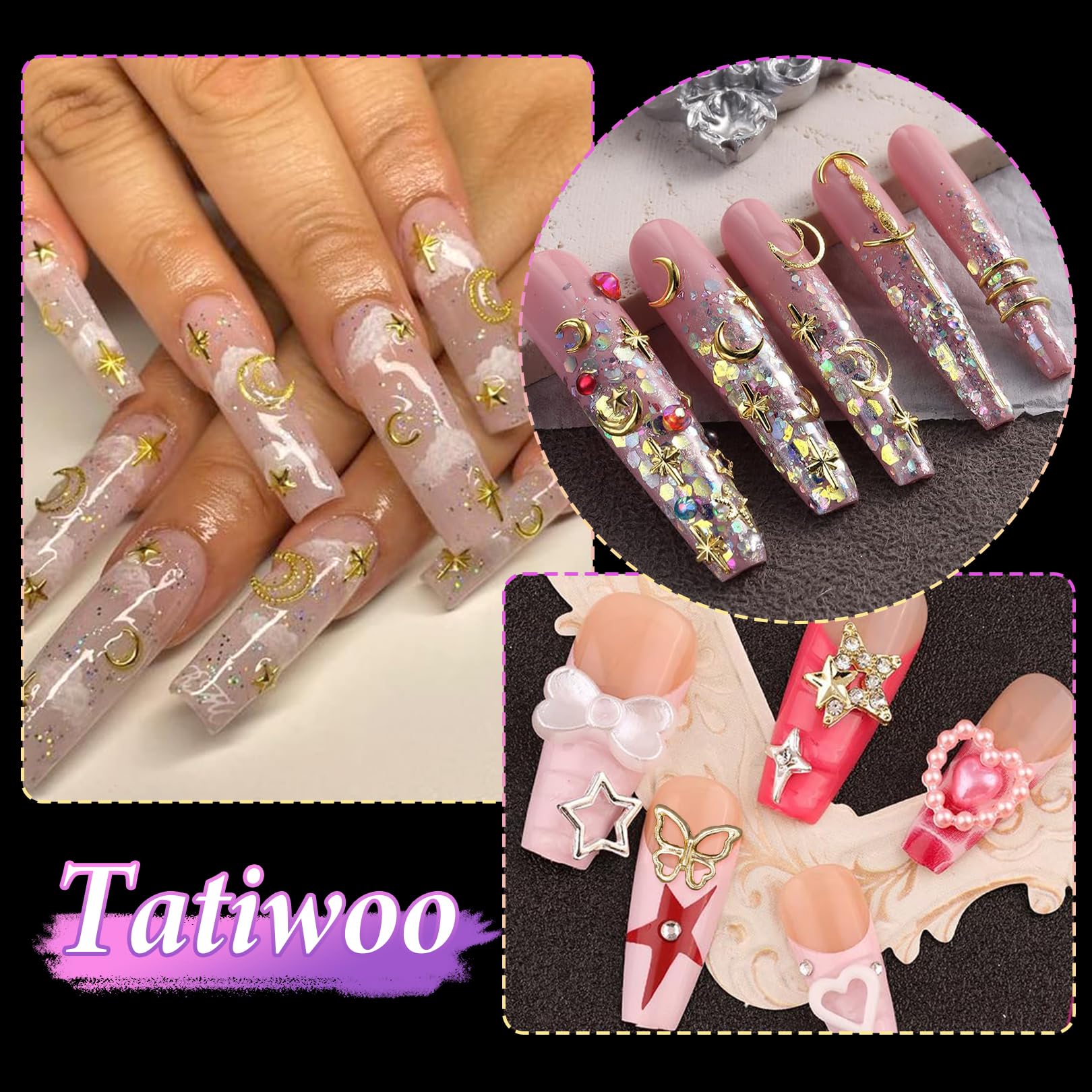 520 Pcs Gold Nail Charms, 20 Pcs Cherry Star Bow Crown Butterfly Gold Alloy Nail Charms, Mixed Cross Moon Star Rivet Gold Nail A