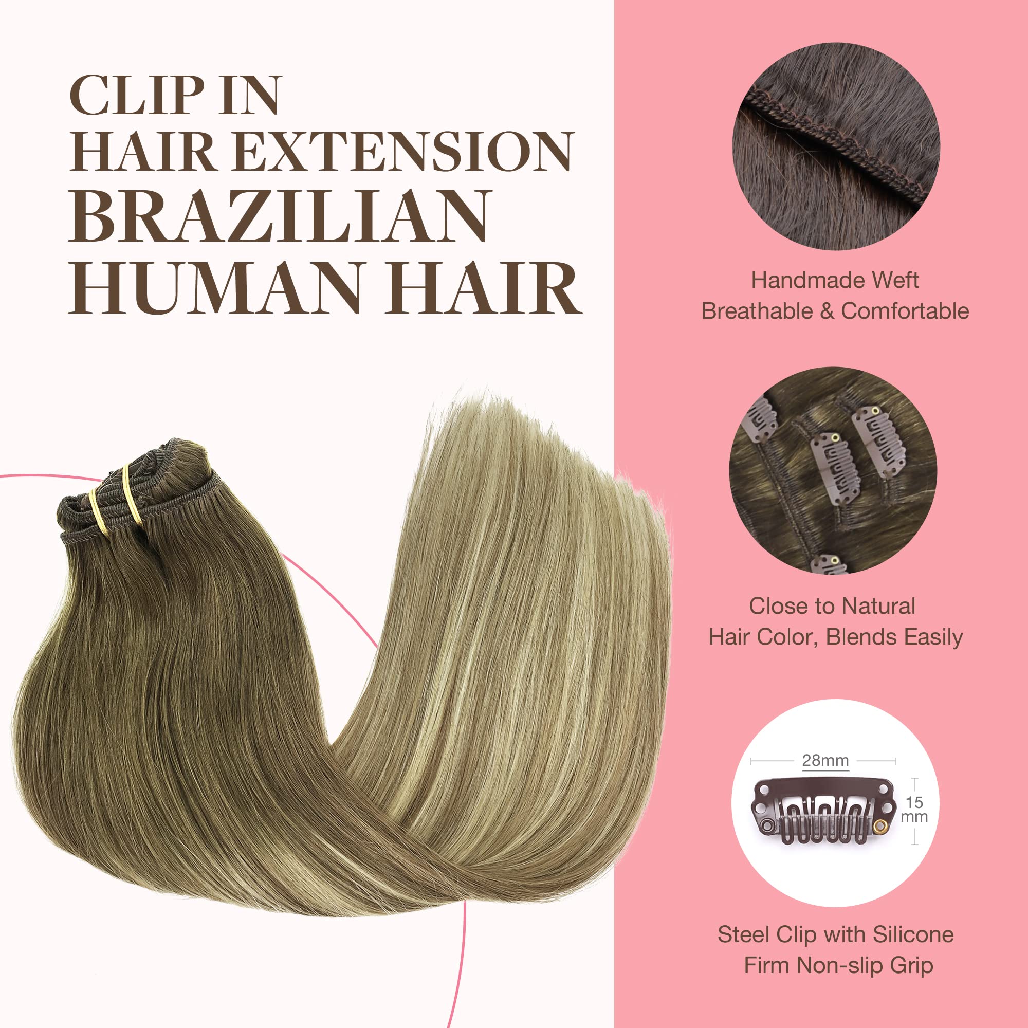 GOO GOO Clip in Hair Extensions Real Human Hair, 12inch 85g 7Pcs, 3/8/613 Balayage Walnut Brown to Ash Brown and Bleach Blonde,