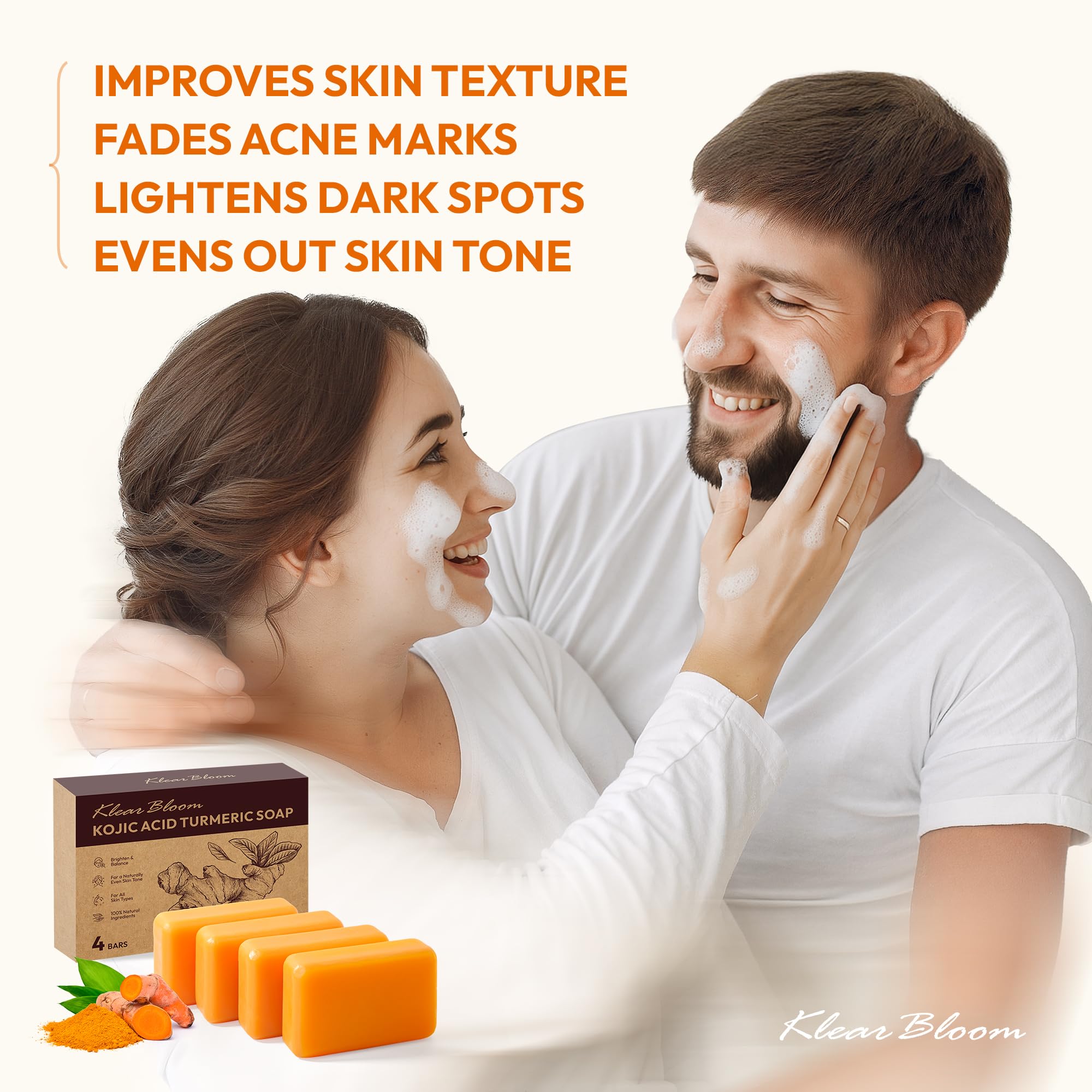 KlearBloom Kojic Acid Soap, Turmeric Soap Bar for Dark Spots Brightening & Moisturizing with Collagen, Vitamin E, Retinol, Hyalu