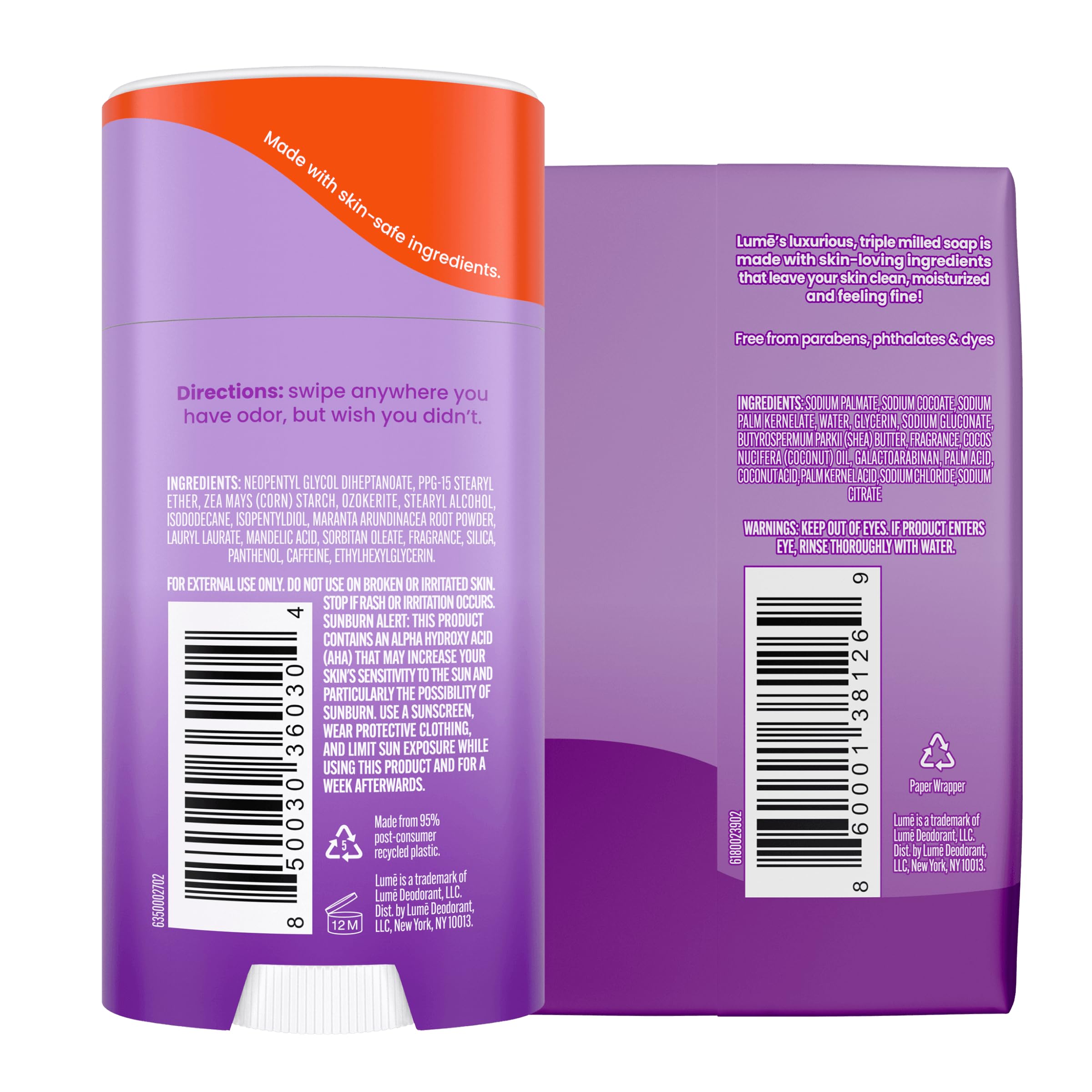 Lume Whole Body Deodorant & Soap Set - 2.6 oz Stick & 5 oz Soap, Lavender Sage, Aluminum & Baking Soda Free, 4 Piece Set