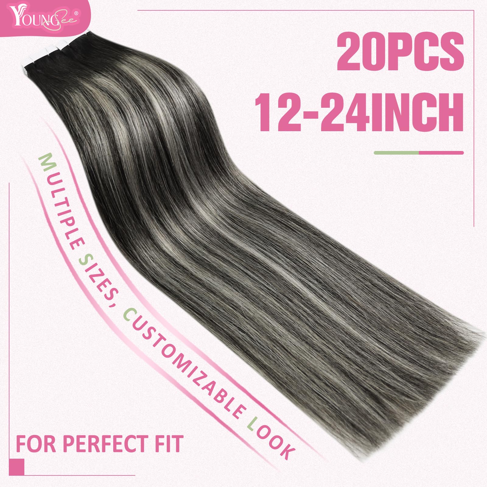 YoungSee Invisible Tape in Hair Extensions Ombre Black Tape in Hair Extensions Human Hair Black Ombre Silver Hair Tape on Hair E