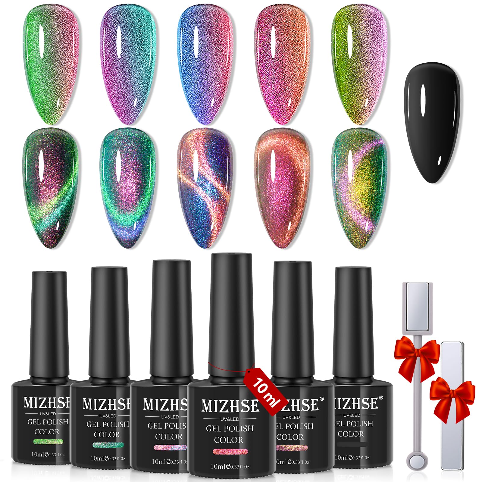 Mizhse 9D Cat Eye Gel Nail Polish: Magnetic Gel Polish Set 10 Ml 6 Colors With 2 Magnet Sticks, Chameleon Magic Galaxy Shiny Eff