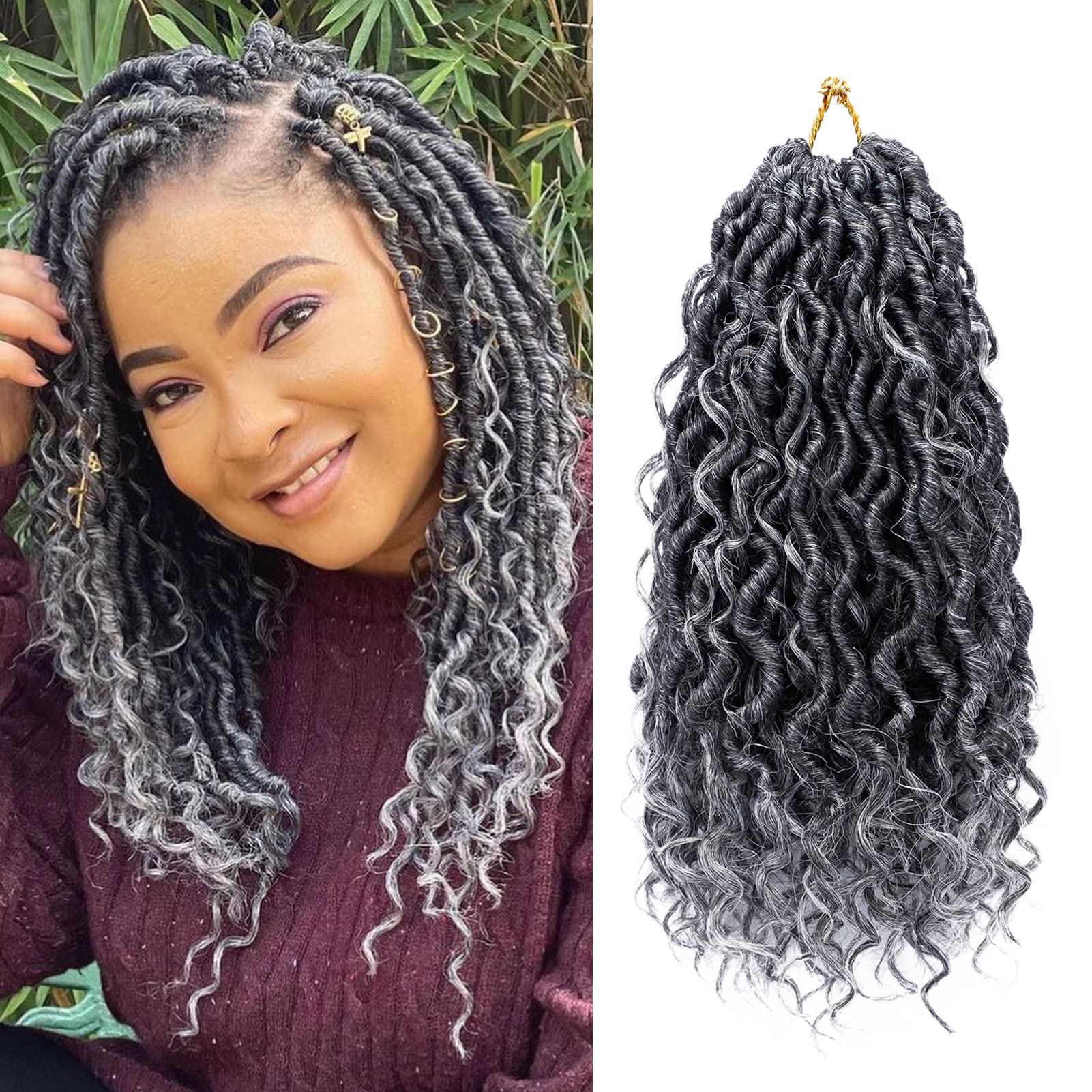 Goddess Locs Crochet Hair 12 Inch 7 Packs Ombre Grey Boho Faux Locs Crochet Hair for Black Women Pre Looped Crochet Locs with Cu