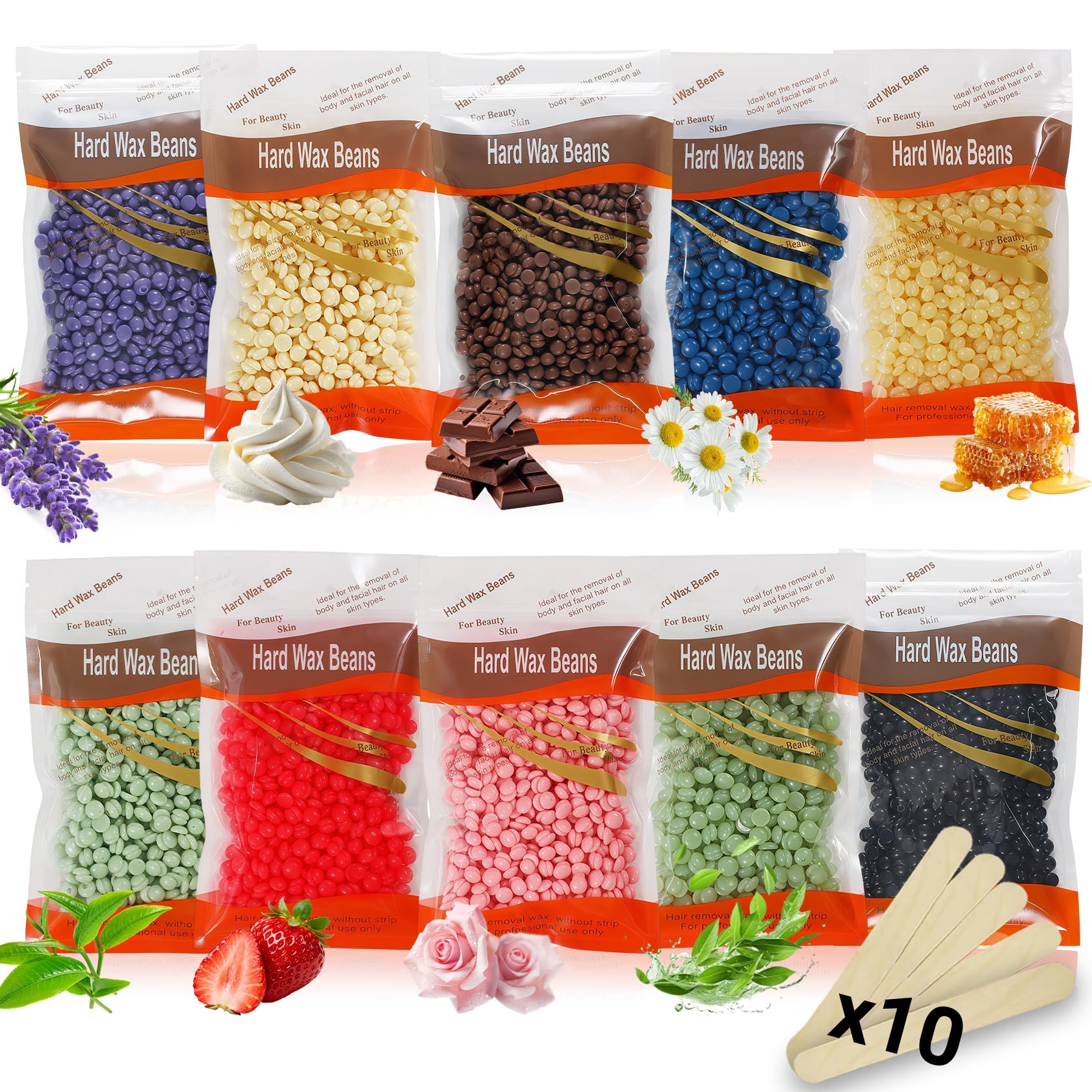 Hard Wax Beads for Hair Removal10 Pack Wax Beads+10 Waxing Sticks,At Home Waxing for Women Men,Hard Wax for Face,Bikini,Legs&Bo