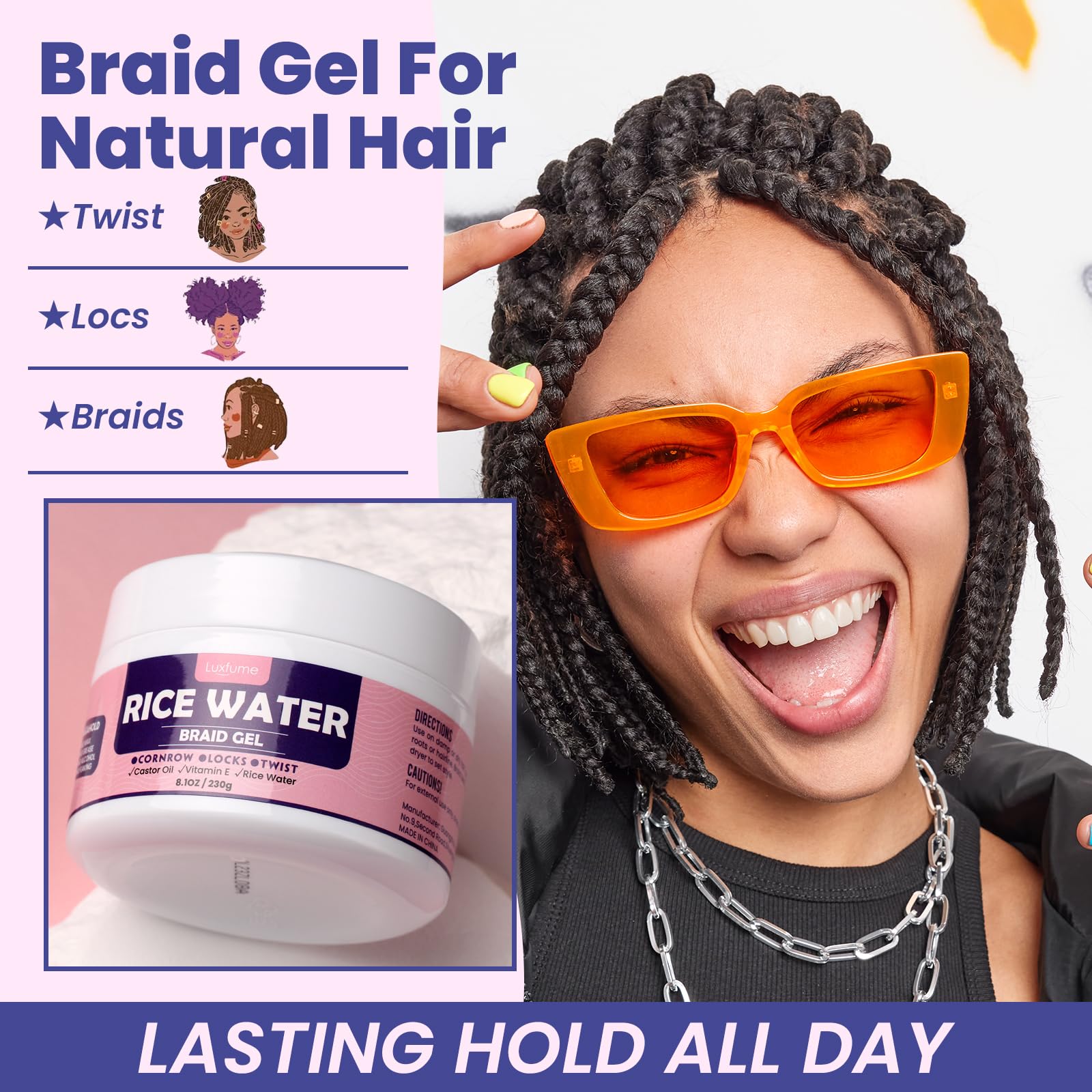 Luxfume Braiding Gel Extra Hold 8.1 Oz - Great For Braids,Twist, Locs & Smooth Edges - Braid Gel Extreme Hold Adds High Shine,Ed