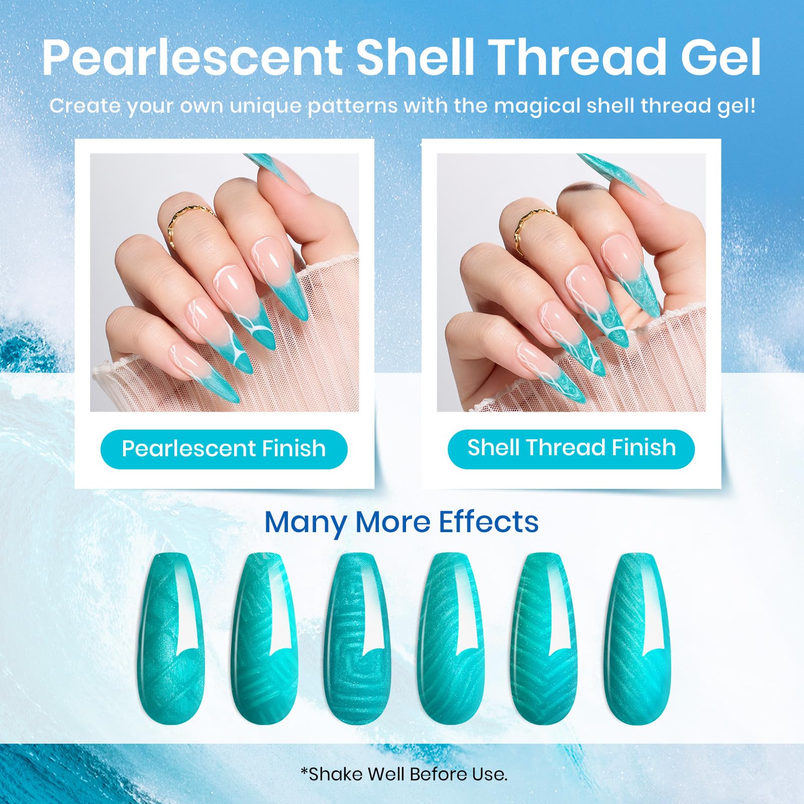 Beetles Summer Blue Gel Nail Polish, 6 Colors Shimmer Swirl Pacific Blue Glitter Blue Green Gel Polish Swirl Shell Thread Effect