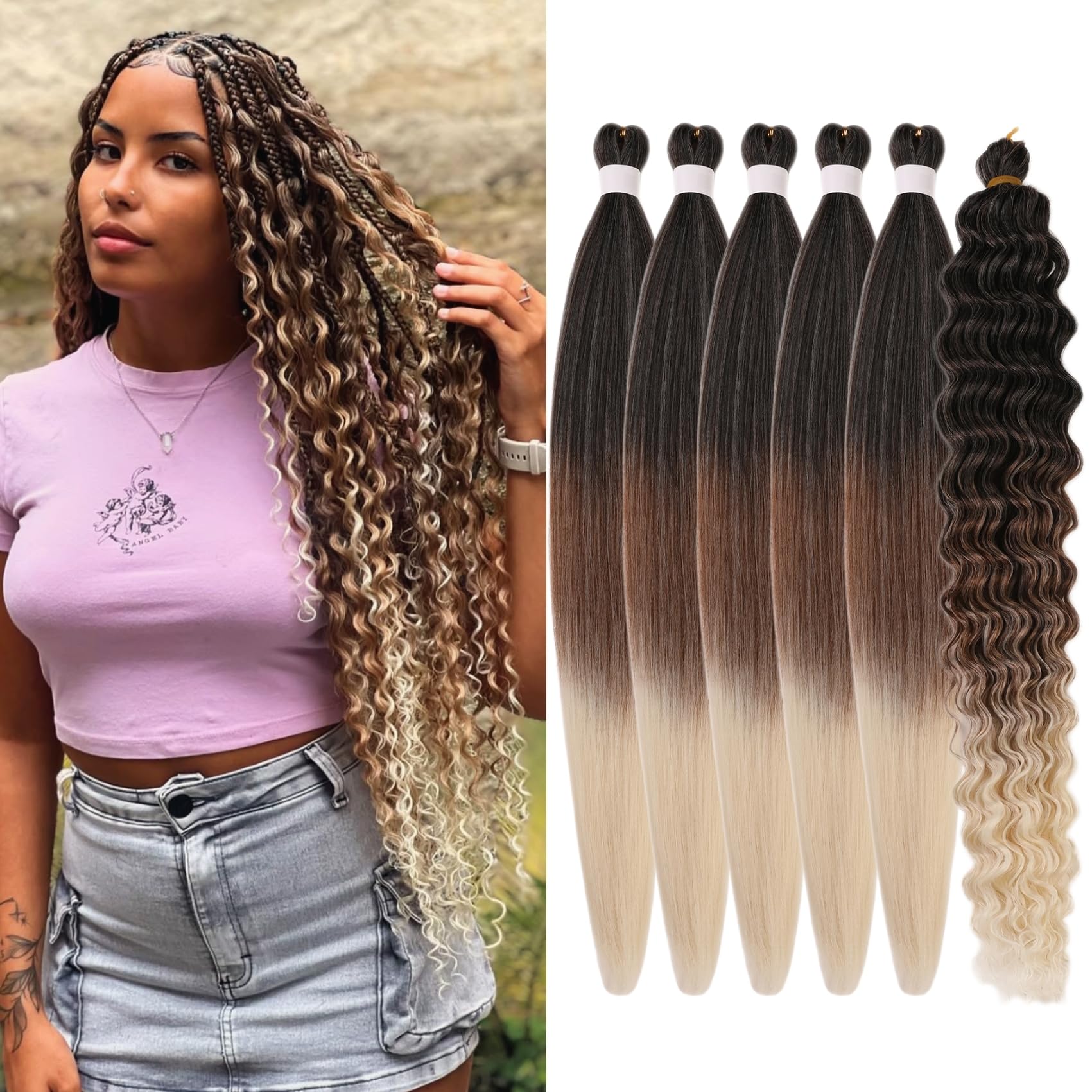Brown to Blonde Knotless Braiding Hair Ombre Synthetic 4/27/613# Deep Wave Boho Braids Hair for Braiding